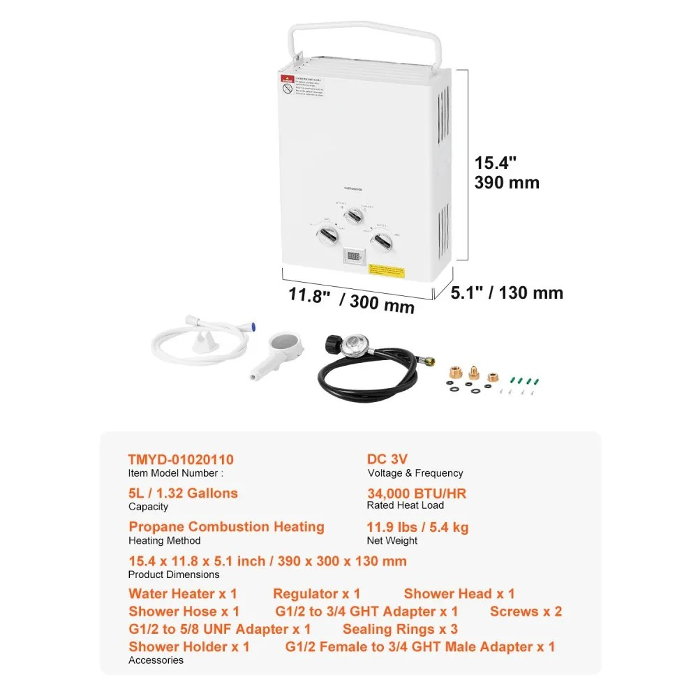 Tankless Propane Water Heater, 5L Portable Design with Regulator