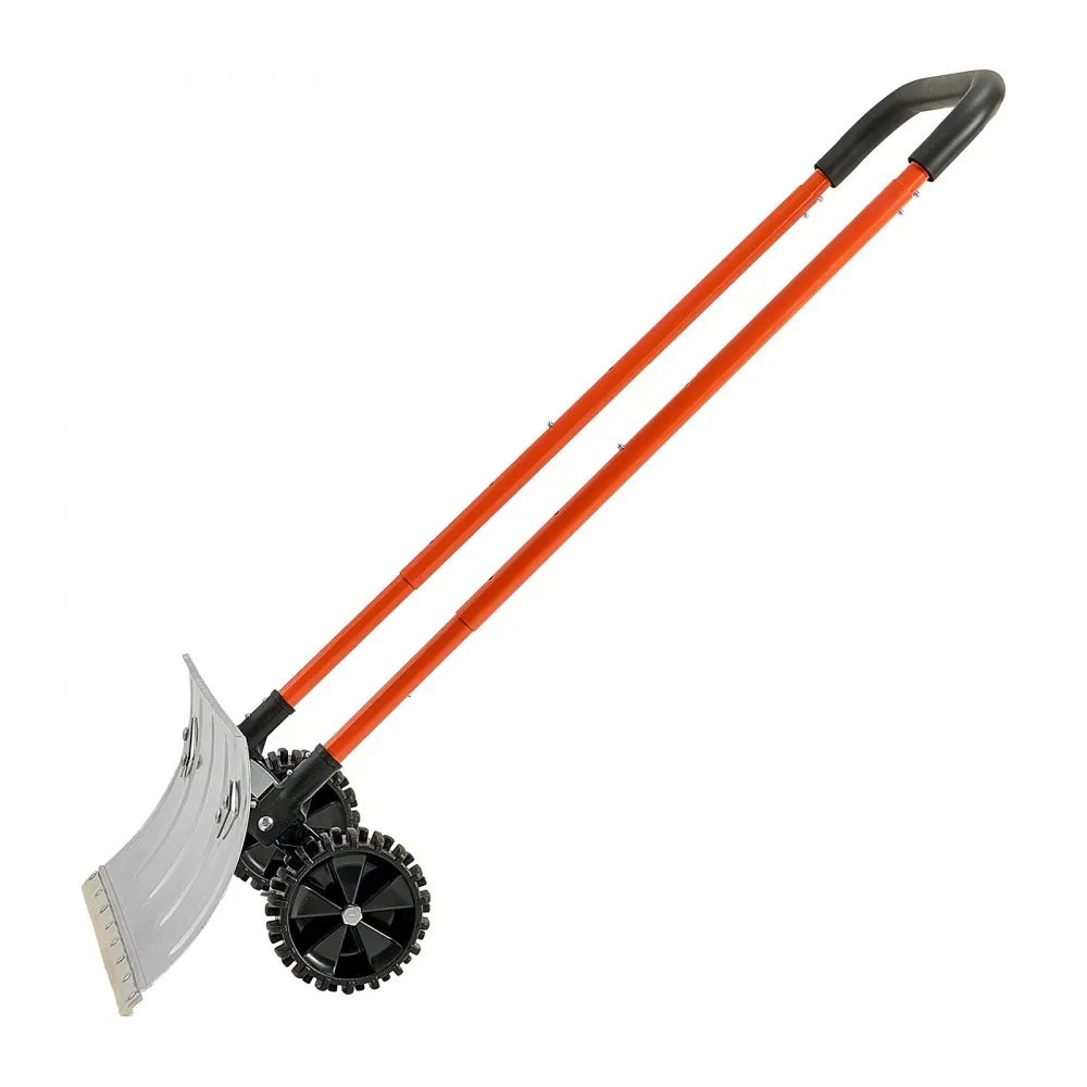 24-Inch Snow Pusher Shovel with Wheels, Adjustable Handle and Angled Metal Blade