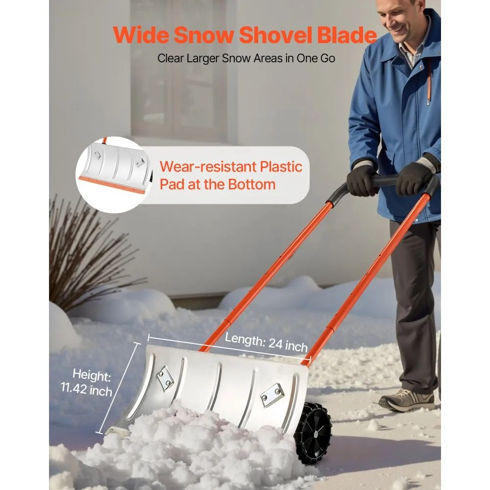 24-Inch Snow Pusher Shovel with Wheels, Adjustable Handle and Angled Metal Blade