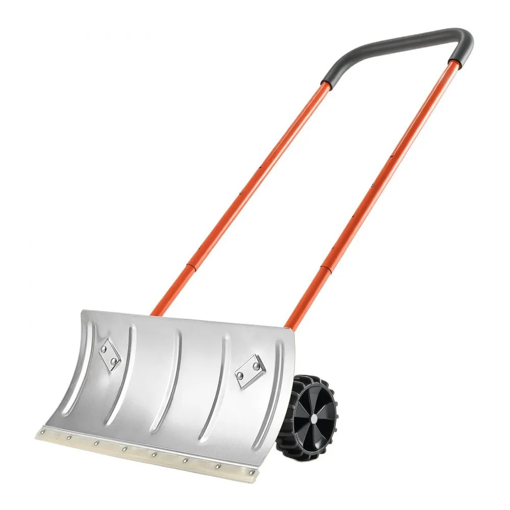 24-Inch Snow Pusher Shovel with Wheels, Adjustable Handle and Angled Metal Blade