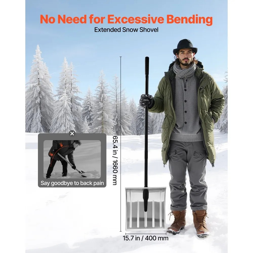 16-Inch Aluminum Snow Shovel with Non-Slip Grip for Driveways