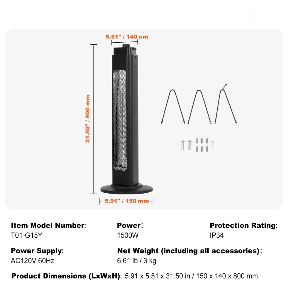 1500W Oscillating Infrared Space Heater, 2 Speeds, Timer, 31.5-Inch Black
