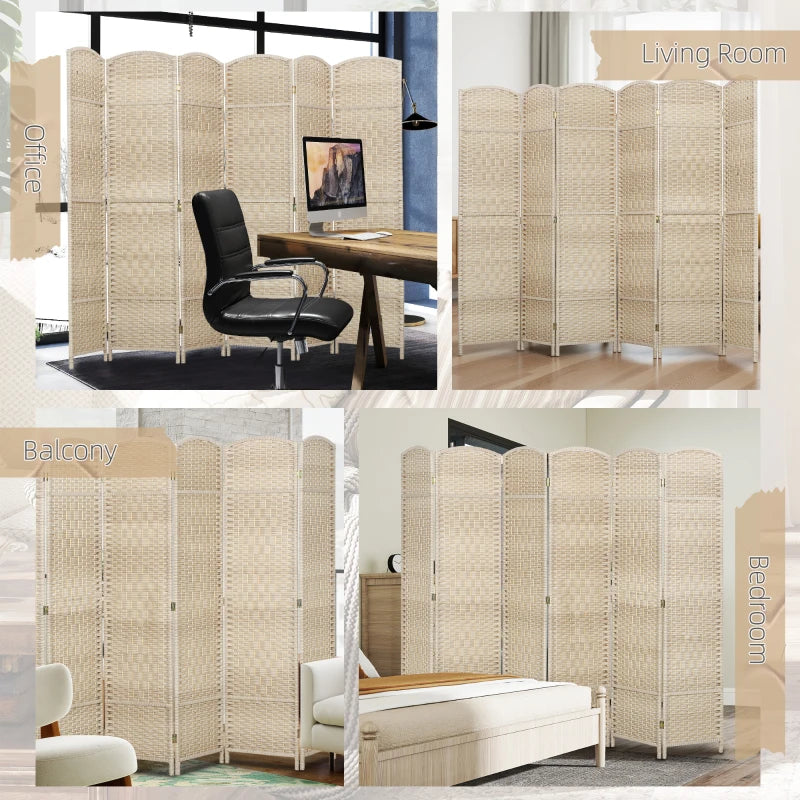 6 Ft Tall Folding Room Divider, 6 Panel Portable Privacy Screen, Hand-Woven Partition Wall Divider, Light Oak