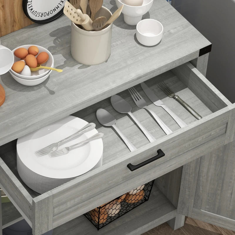 Farmhouse Kitchen Storage Cabinet, Sideboard Buffet Cabinet with 2 Rustic Barn Doors and Drawer, Grey