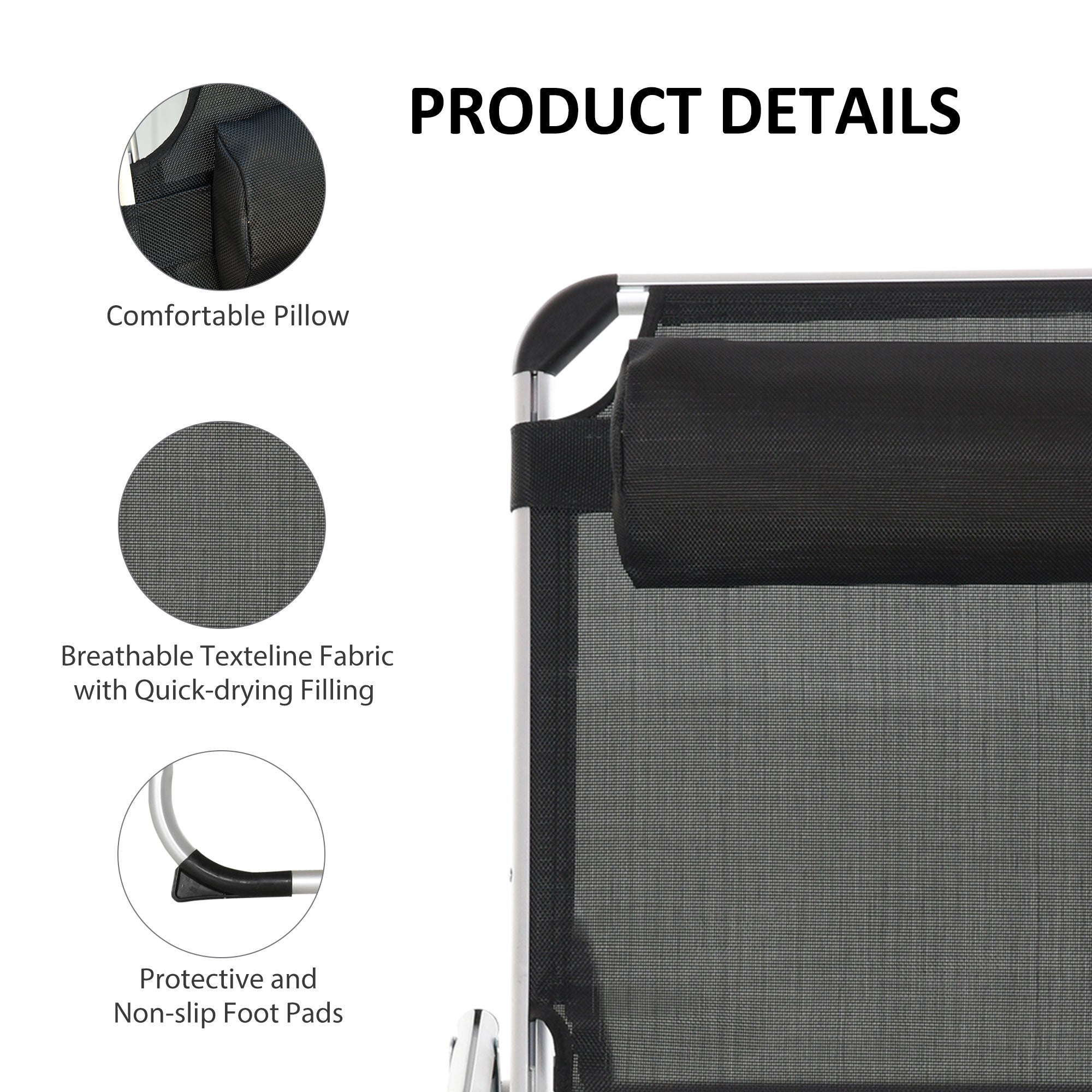Outsunny Adjustable Folding Lounge Chair Patio Recliner with Headrest Aluminum Frame 5-Position Black