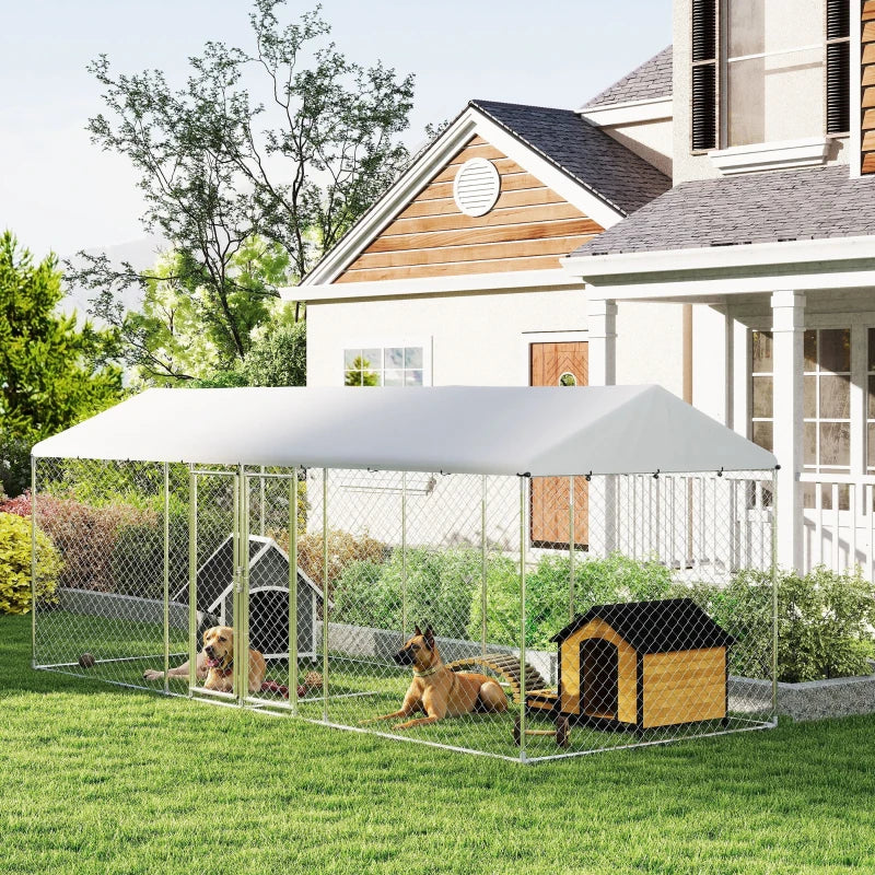 Outdoor Dog Kennel with Two Rooms, Waterproof UV-Resistant Cover, Escape-Proof Lock, 19.7' x 7.5' x 7.5'