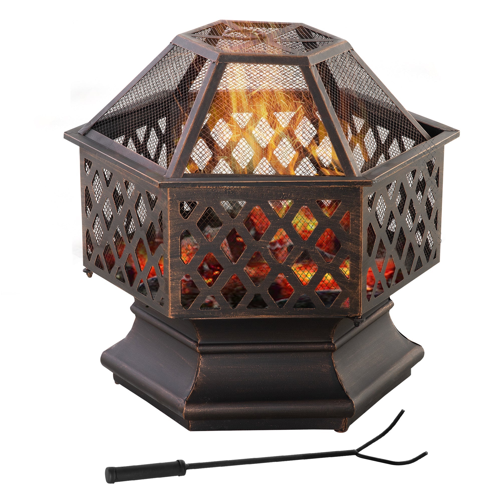 Outsunny Portable Outdoor Fire Pit Bronze Screen Cover Wood Burning Bowl Poker Patio Backyard Decor