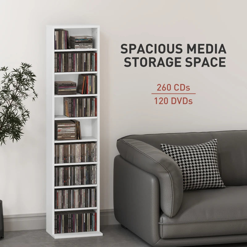 Media Storage Cabinet, 9-Tier Tall Narrow DVD Shelf with 6 Adjustable Shelves, White