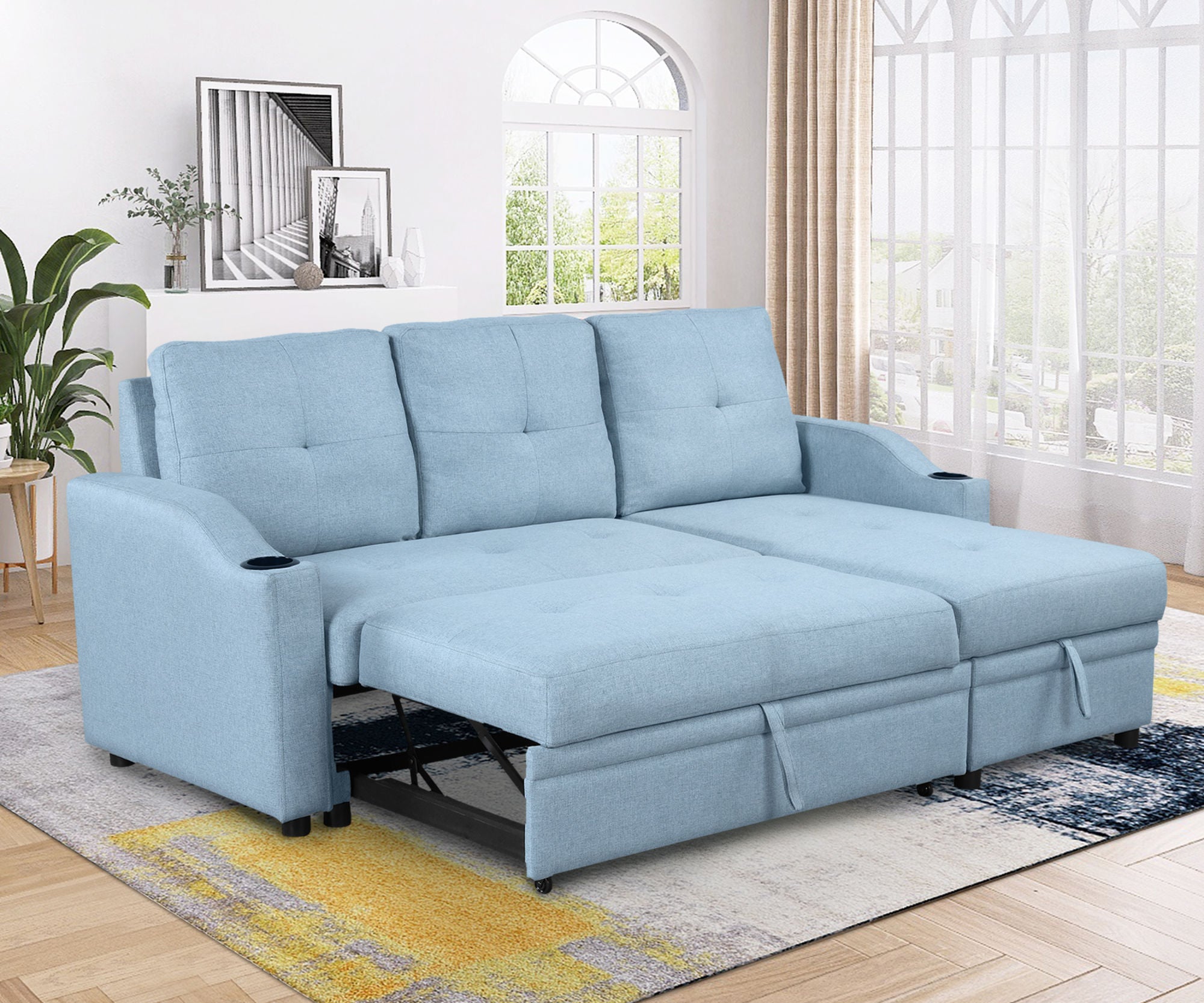 Pull Out Sofa Bed Modern Padded Upholstered Sofa Bed ; Linen Fabric 3 Seater Couch with Storage Chaise and Cup Holder ; Small Couch for Small SpacesÂ