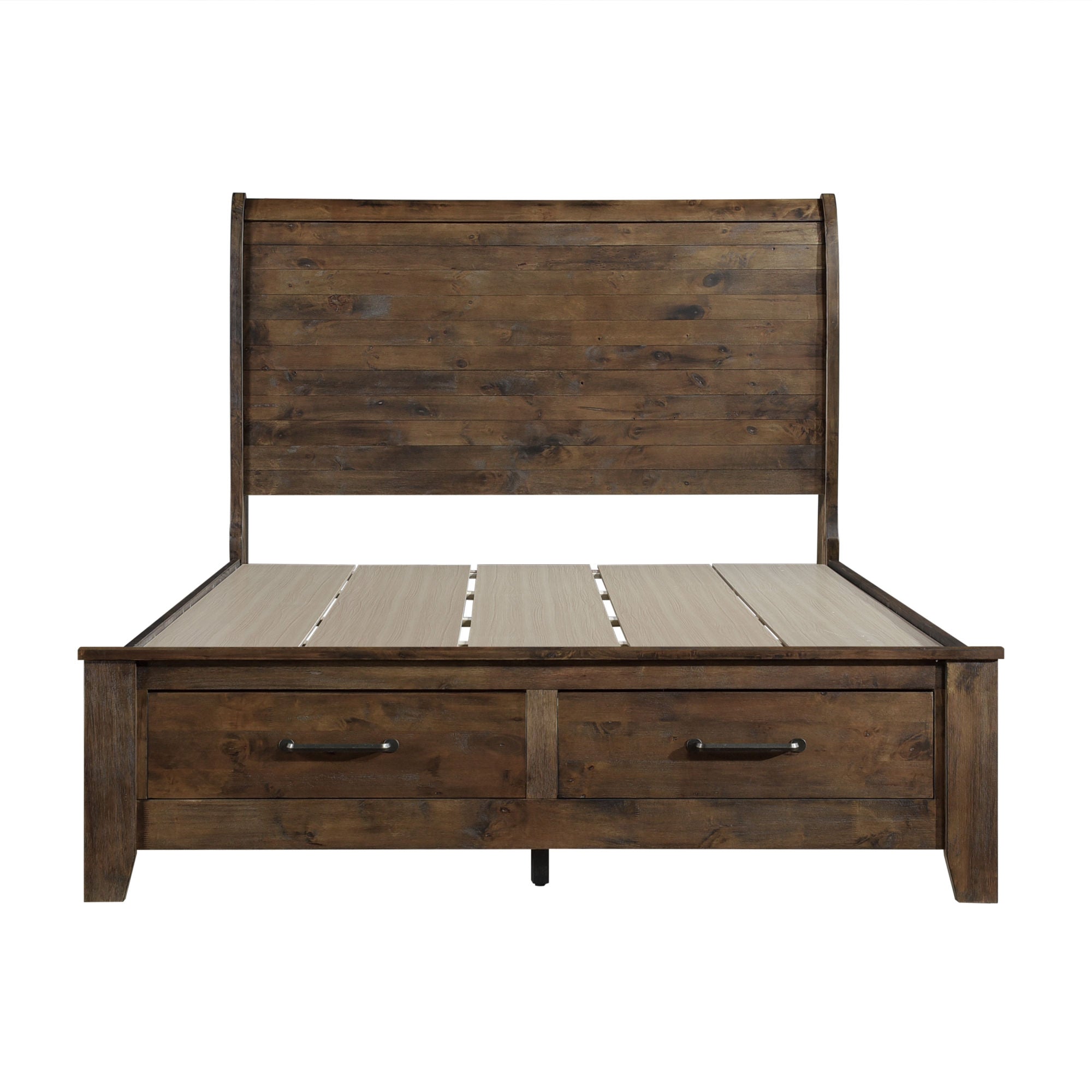 Burnished Brown Finish Classic Queen Bed – Footboard Storage, All Solid Rubberwood Platform Bed, Bedroom FurnitureÂ