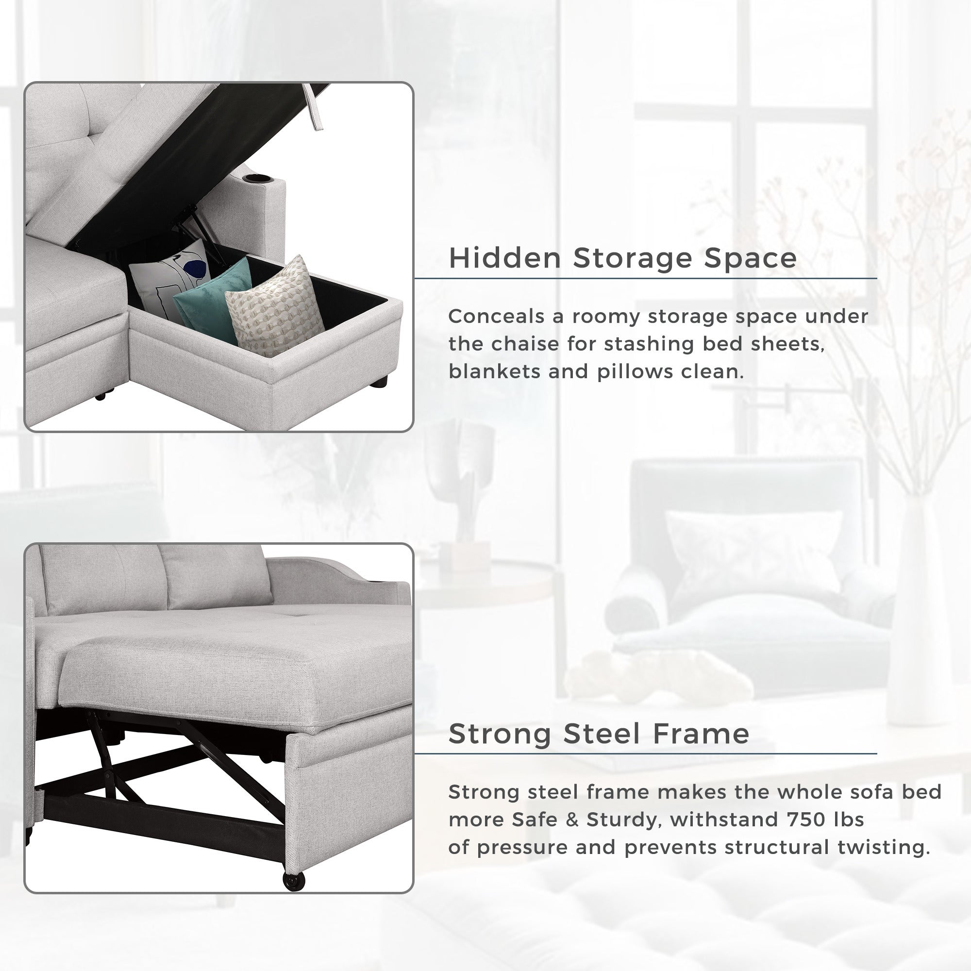 Pull Out Sofa Bed Modern Padded Upholstered Sofa Bed ; Linen Fabric 3 Seater Couch with Storage Chaise and Cup Holder ; Small Couch for Small SpacesÂ