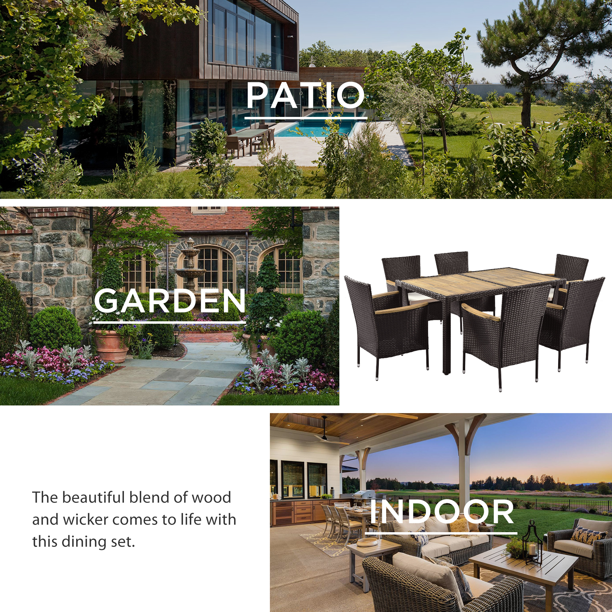 7-Piece Outdoor Patio Dining Set – Garden PE Rattan Wicker, Acacia Wood Tabletop, Stackable Armrest Chairs with Cushions, BrownÂ