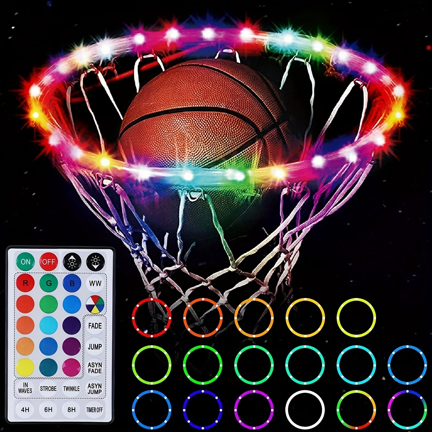 1pc LED Basketball Hoop Light – Remote Control, Waterproof, 17 Colors, 7 Lighting Modes, Super BrightÂ