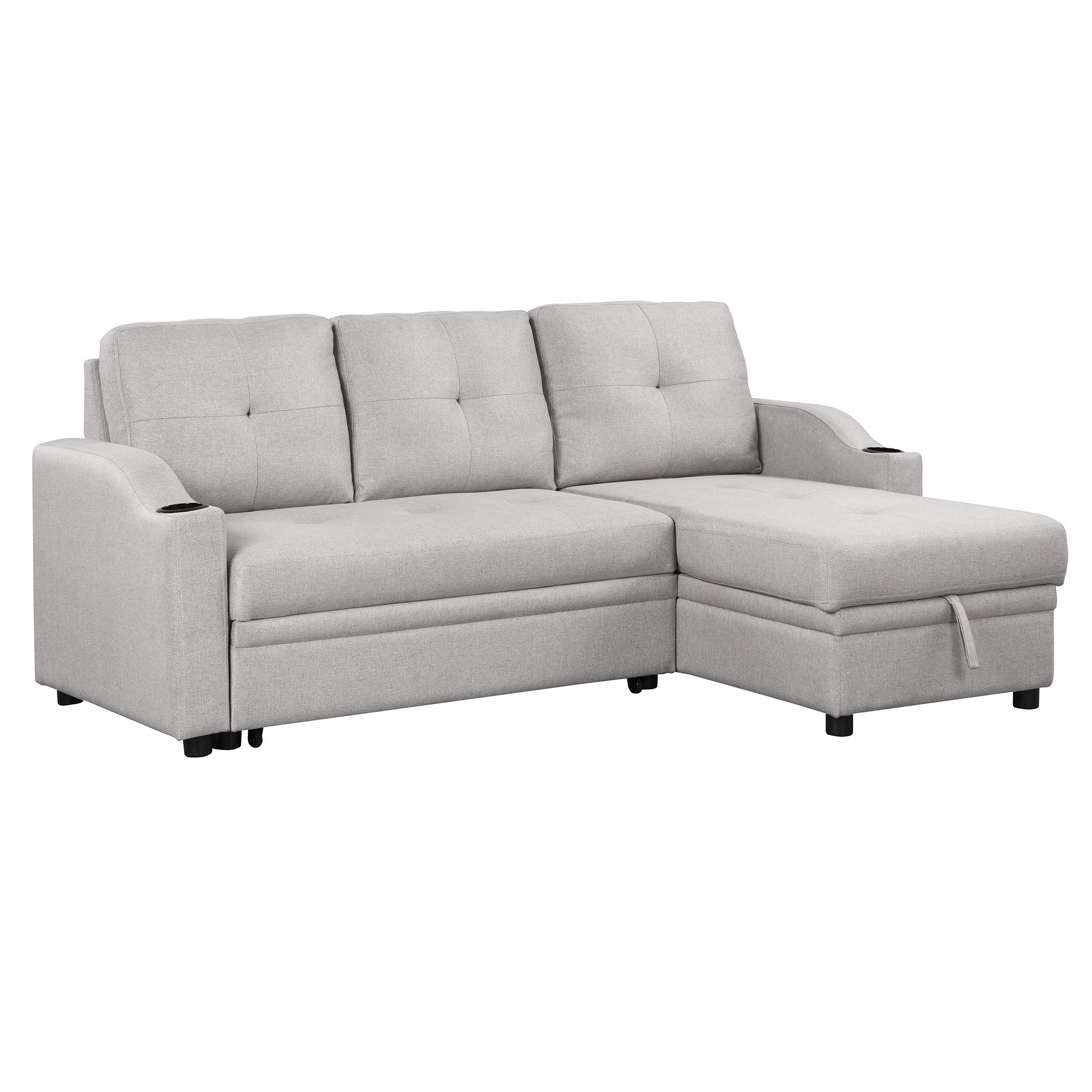 Pull Out Sofa Bed Modern Padded Upholstered Sofa Bed ; Linen Fabric 3 Seater Couch with Storage Chaise and Cup Holder ; Small Couch for Small SpacesÂ