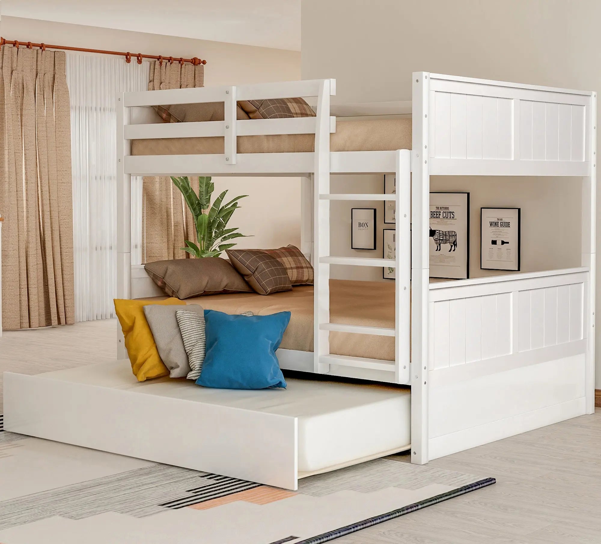 Full Over Full Bunk Bed with Twin Size Trundle - WhiteÂ