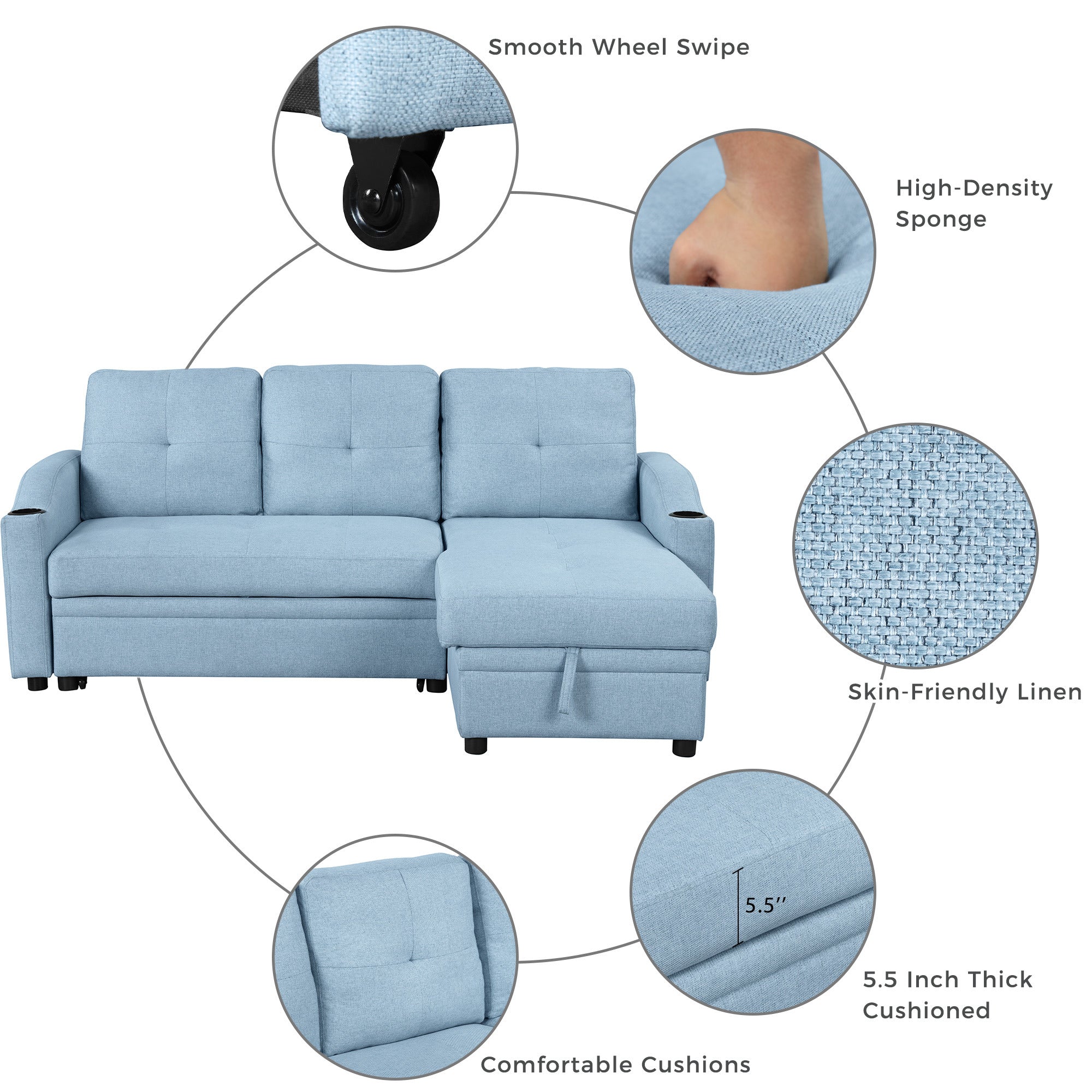 Pull Out Sofa Bed Modern Padded Upholstered Sofa Bed ; Linen Fabric 3 Seater Couch with Storage Chaise and Cup Holder ; Small Couch for Small SpacesÂ