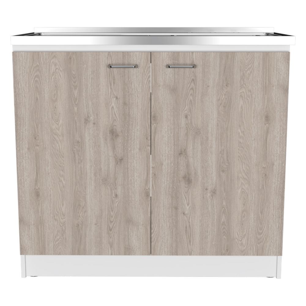 Napoles Utility Sink with Cabinet - Double Door Cabinet, One Shelf, Smokey Oak & Light GrayÂ
