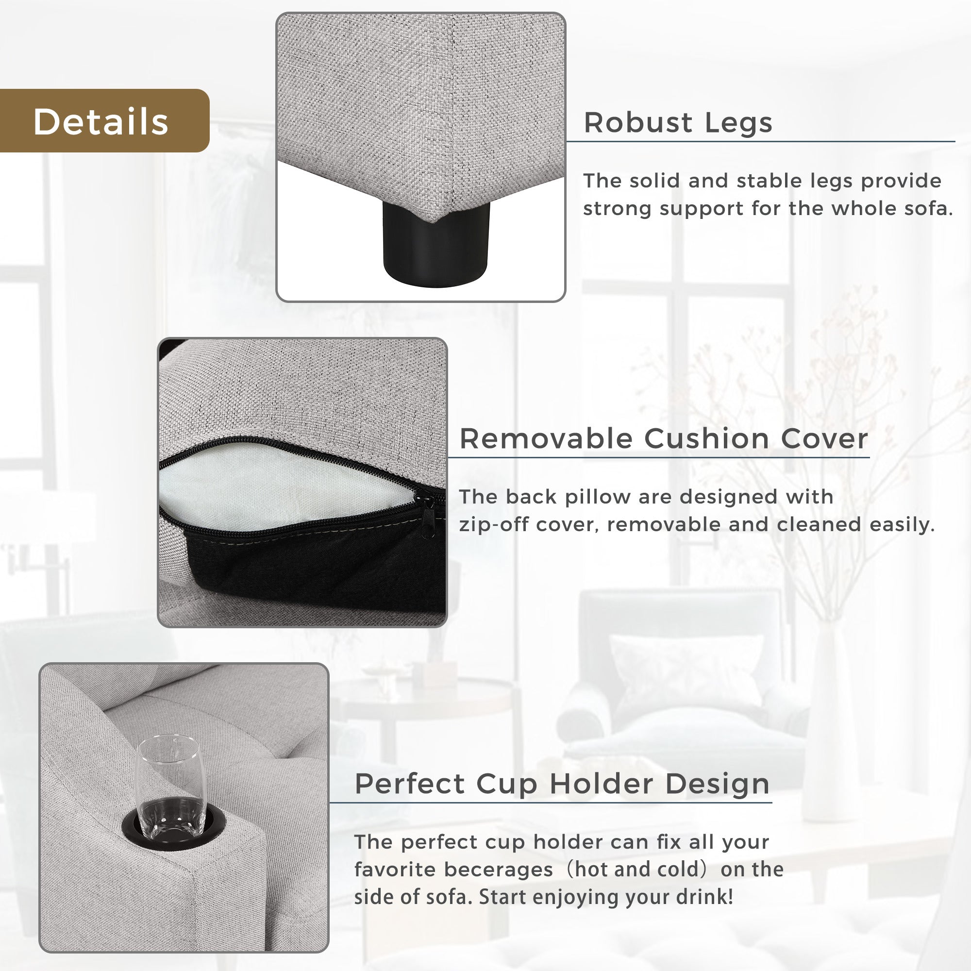 Pull Out Sofa Bed Modern Padded Upholstered Sofa Bed ; Linen Fabric 3 Seater Couch with Storage Chaise and Cup Holder ; Small Couch for Small SpacesÂ
