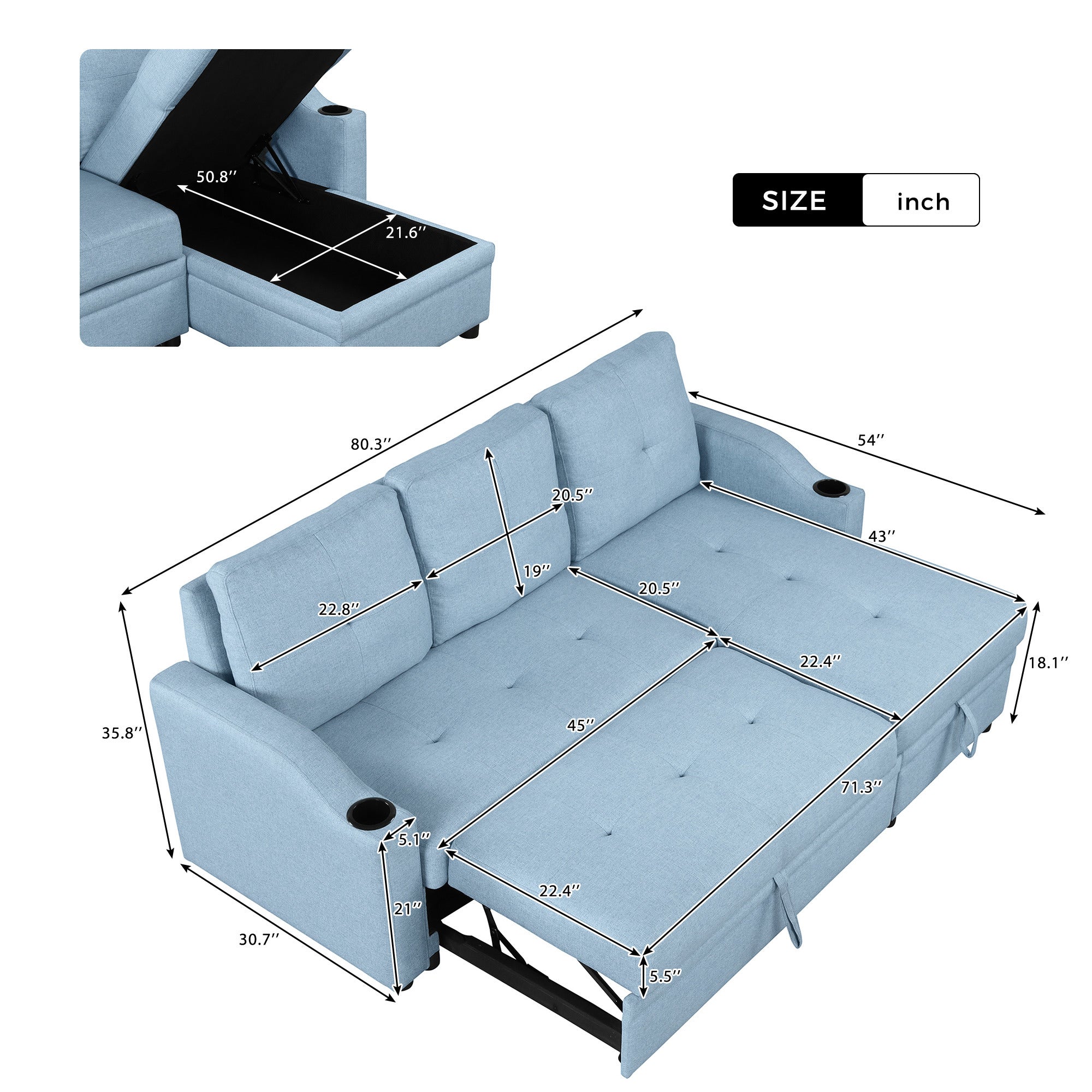 Pull Out Sofa Bed Modern Padded Upholstered Sofa Bed ; Linen Fabric 3 Seater Couch with Storage Chaise and Cup Holder ; Small Couch for Small SpacesÂ