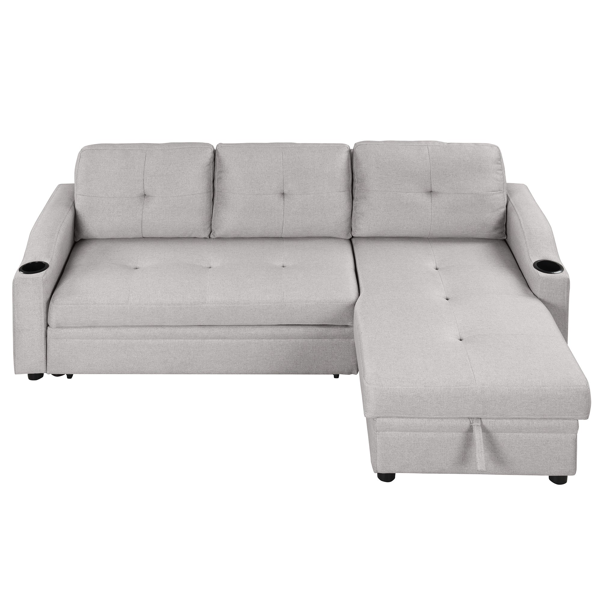 Pull Out Sofa Bed Modern Padded Upholstered Sofa Bed ; Linen Fabric 3 Seater Couch with Storage Chaise and Cup Holder ; Small Couch for Small SpacesÂ