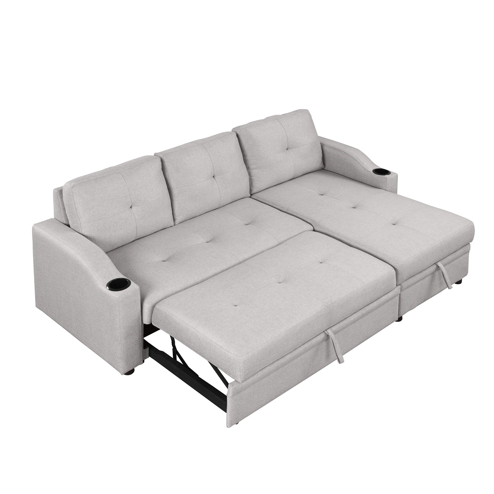 Pull Out Sofa Bed Modern Padded Upholstered Sofa Bed ; Linen Fabric 3 Seater Couch with Storage Chaise and Cup Holder ; Small Couch for Small SpacesÂ