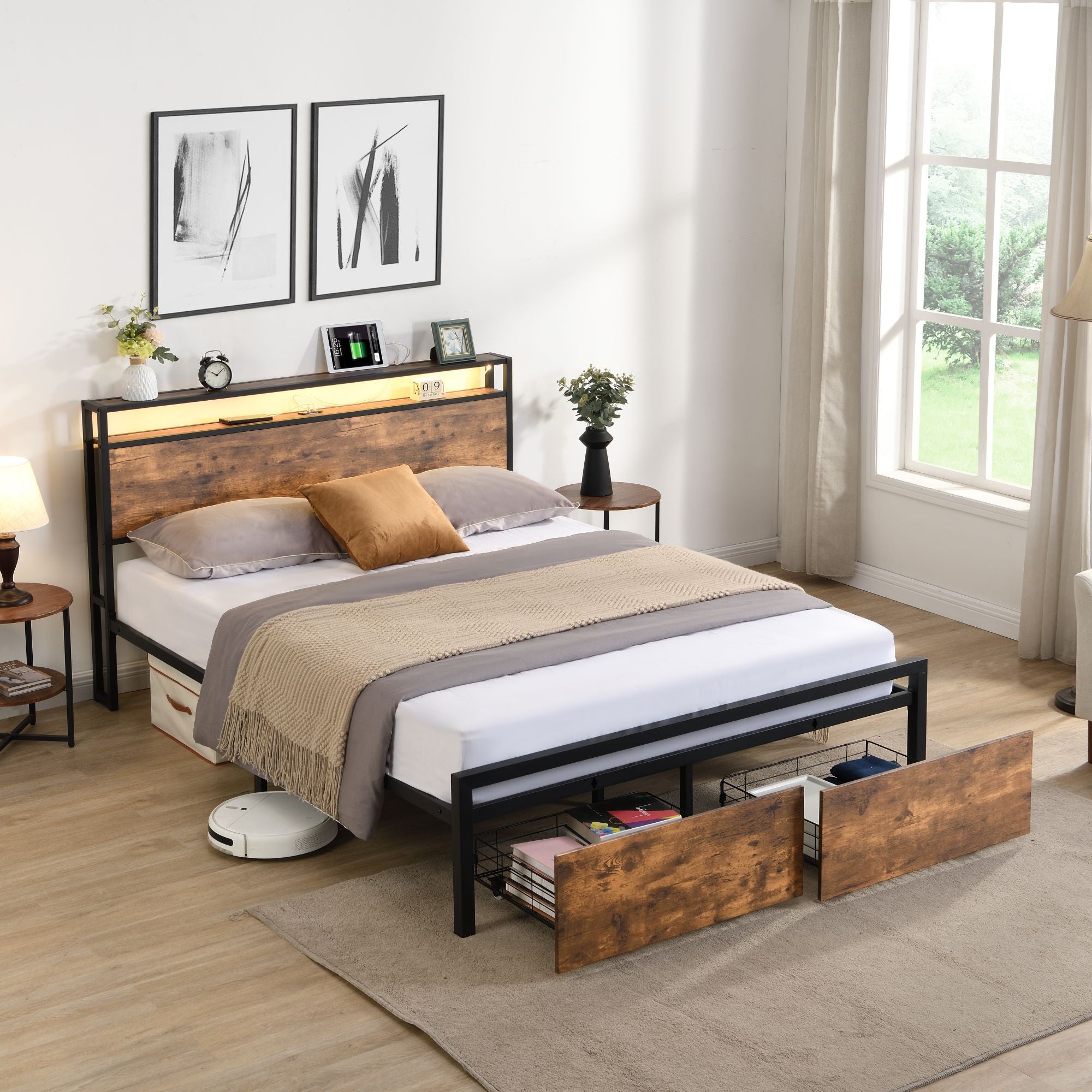 Queen Size Bed Frame with Storage Headboard, 2 Drawers, LED Lights, Charging Station, Metal Platform BedÂ