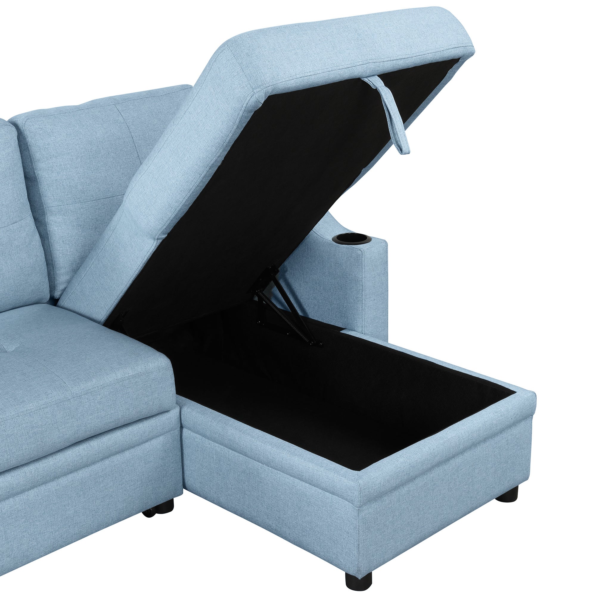 Pull Out Sofa Bed Modern Padded Upholstered Sofa Bed ; Linen Fabric 3 Seater Couch with Storage Chaise and Cup Holder ; Small Couch for Small SpacesÂ