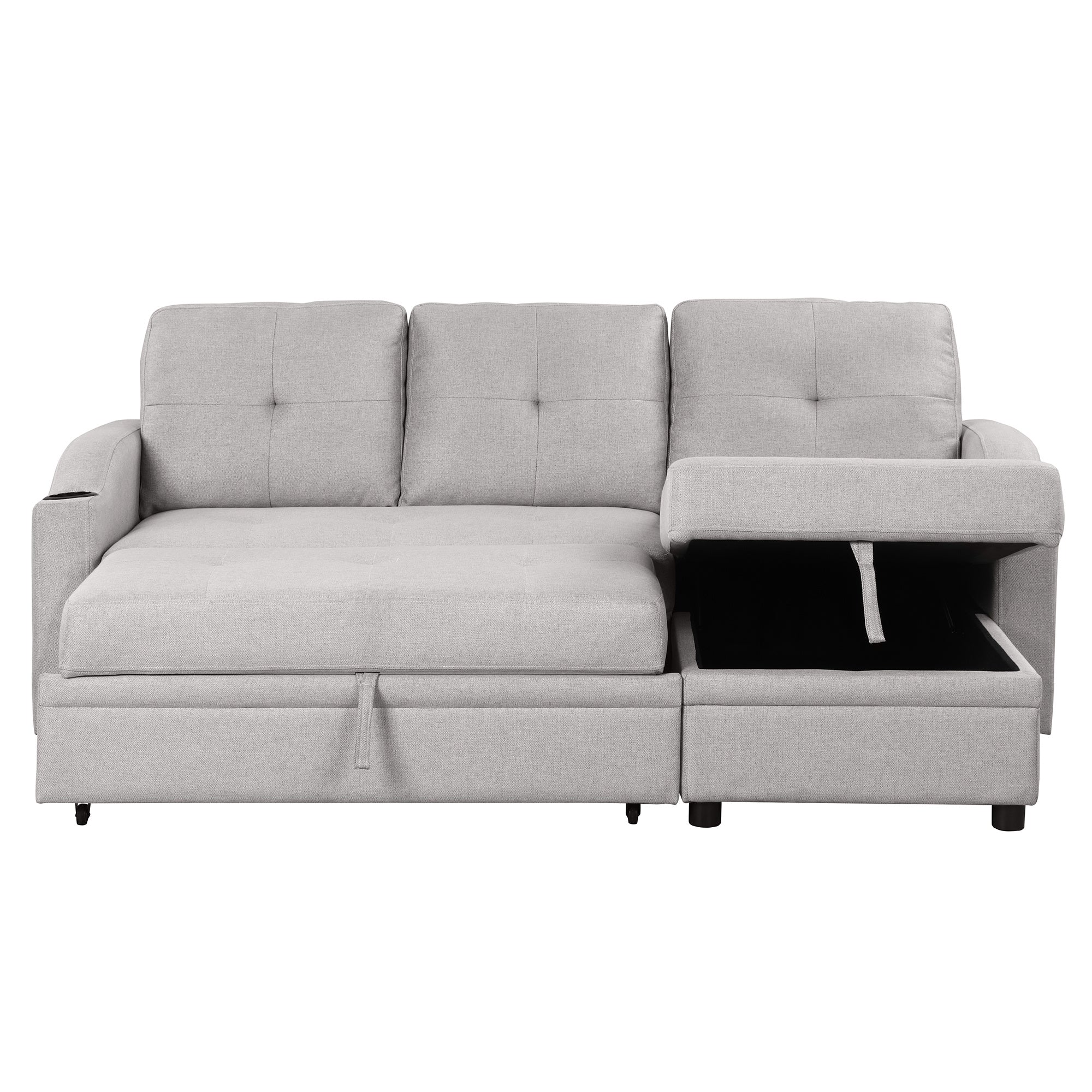 Pull Out Sofa Bed Modern Padded Upholstered Sofa Bed ; Linen Fabric 3 Seater Couch with Storage Chaise and Cup Holder ; Small Couch for Small SpacesÂ