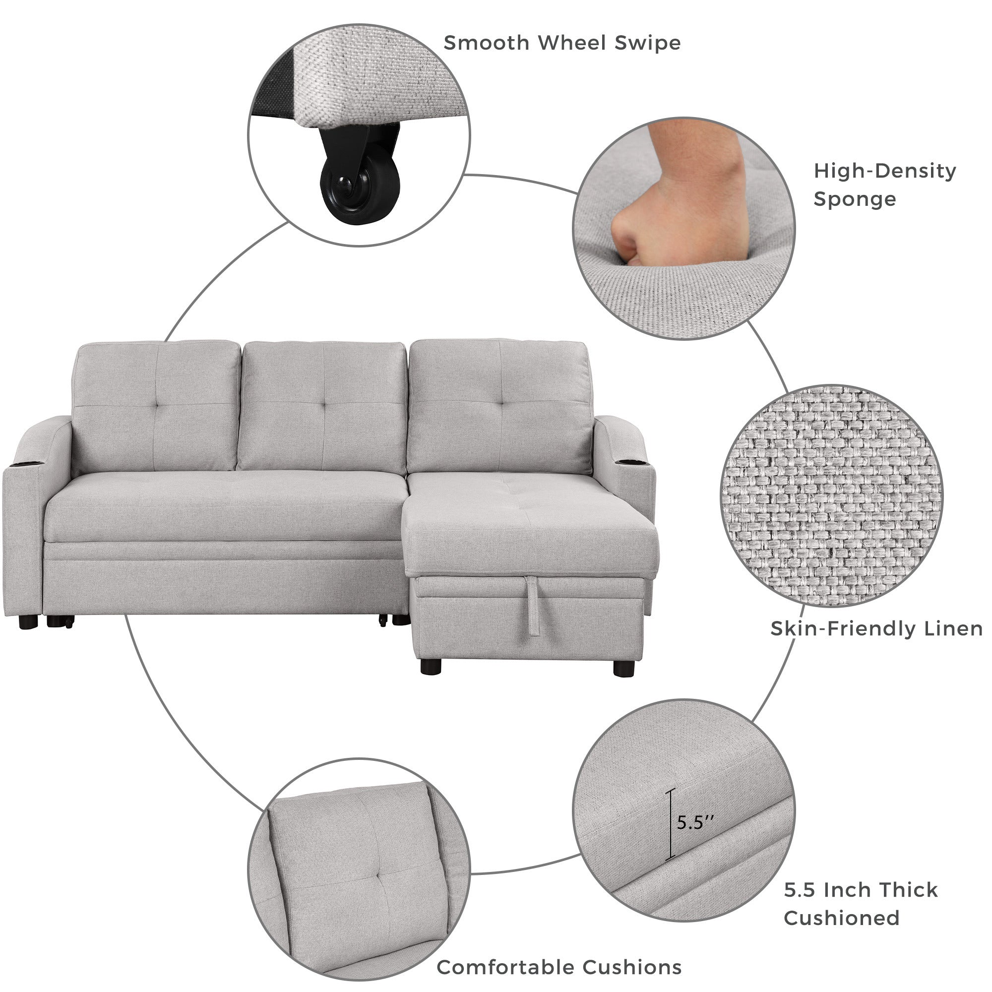 Pull Out Sofa Bed Modern Padded Upholstered Sofa Bed ; Linen Fabric 3 Seater Couch with Storage Chaise and Cup Holder ; Small Couch for Small SpacesÂ