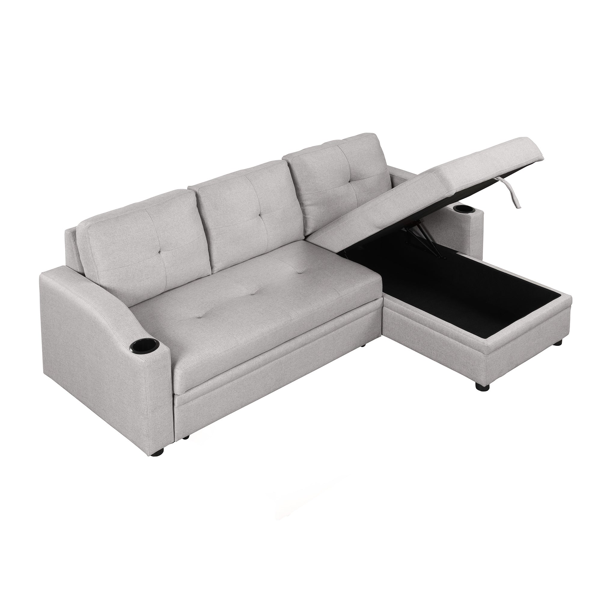Pull Out Sofa Bed Modern Padded Upholstered Sofa Bed ; Linen Fabric 3 Seater Couch with Storage Chaise and Cup Holder ; Small Couch for Small SpacesÂ
