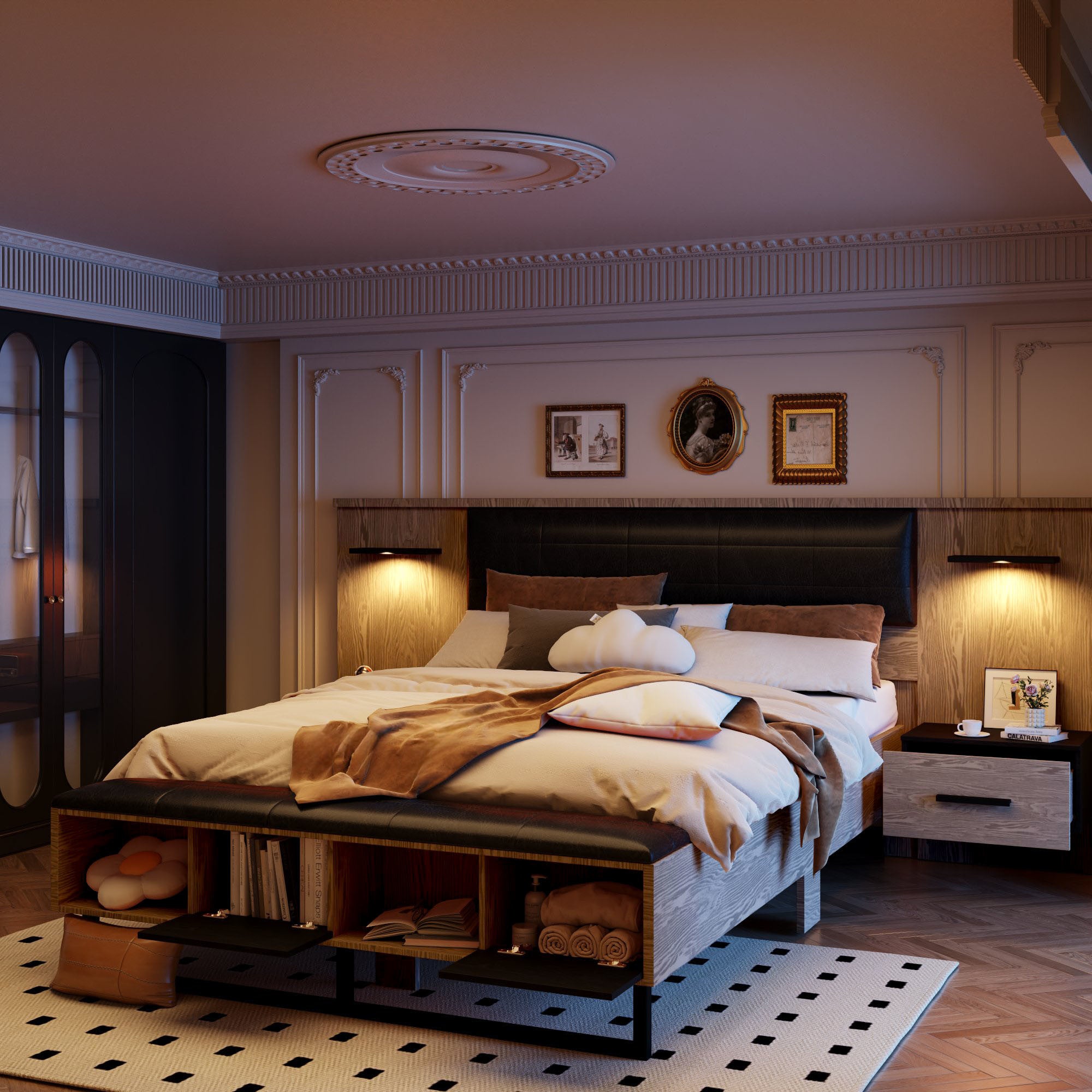 Queen Size Wood Platform Bed with Upholstered Headboard, Lights, Storage Nightstand, and Bench - WhiteÂ
