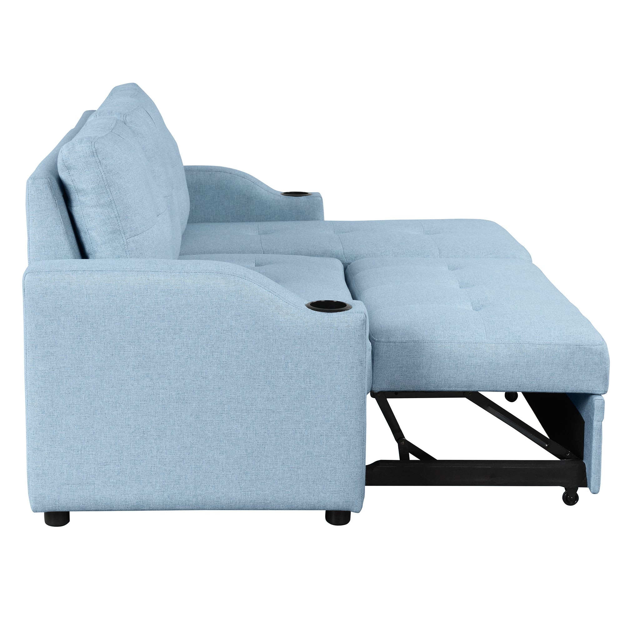 Pull Out Sofa Bed Modern Padded Upholstered Sofa Bed ; Linen Fabric 3 Seater Couch with Storage Chaise and Cup Holder ; Small Couch for Small SpacesÂ