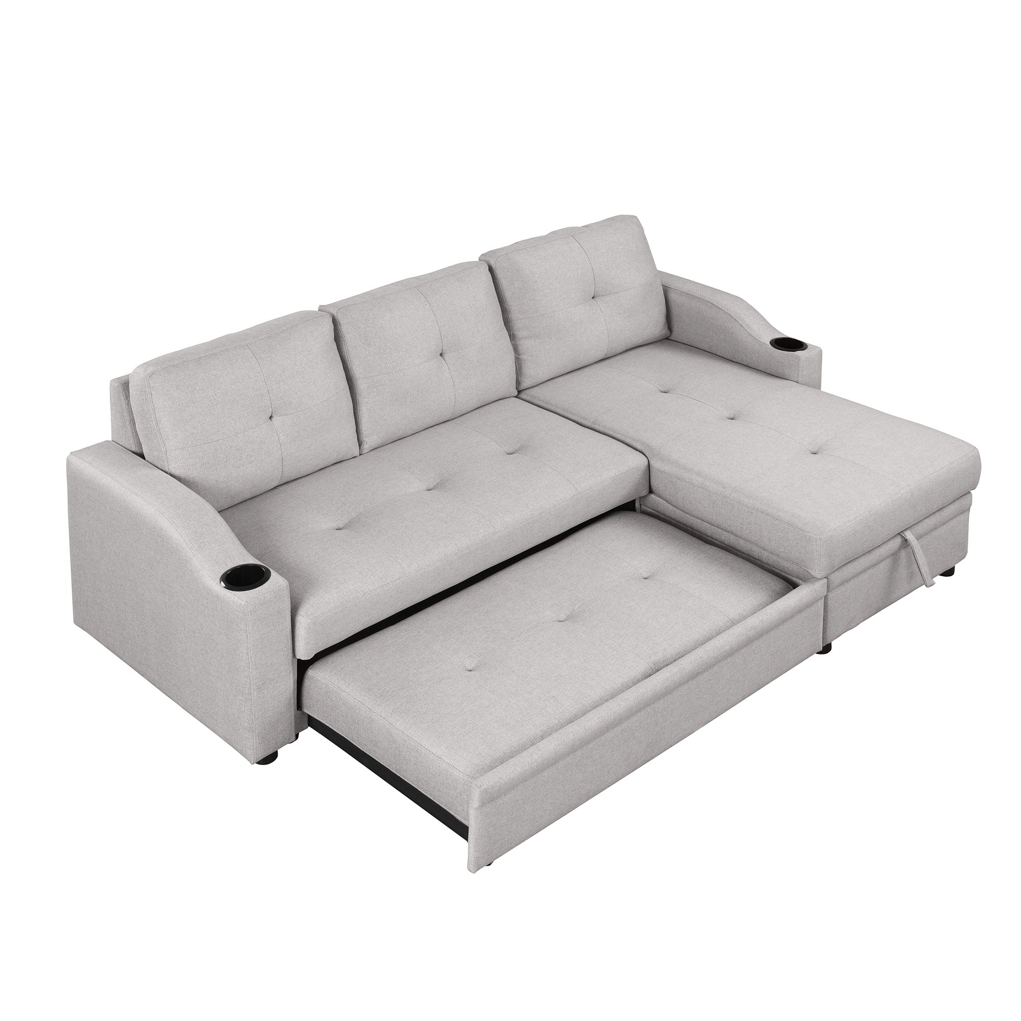 Pull Out Sofa Bed Modern Padded Upholstered Sofa Bed ; Linen Fabric 3 Seater Couch with Storage Chaise and Cup Holder ; Small Couch for Small SpacesÂ
