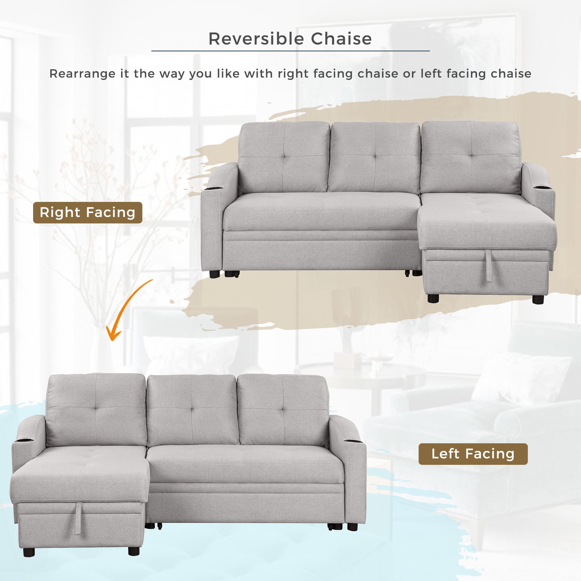 Pull Out Sofa Bed Modern Padded Upholstered Sofa Bed ; Linen Fabric 3 Seater Couch with Storage Chaise and Cup Holder ; Small Couch for Small SpacesÂ