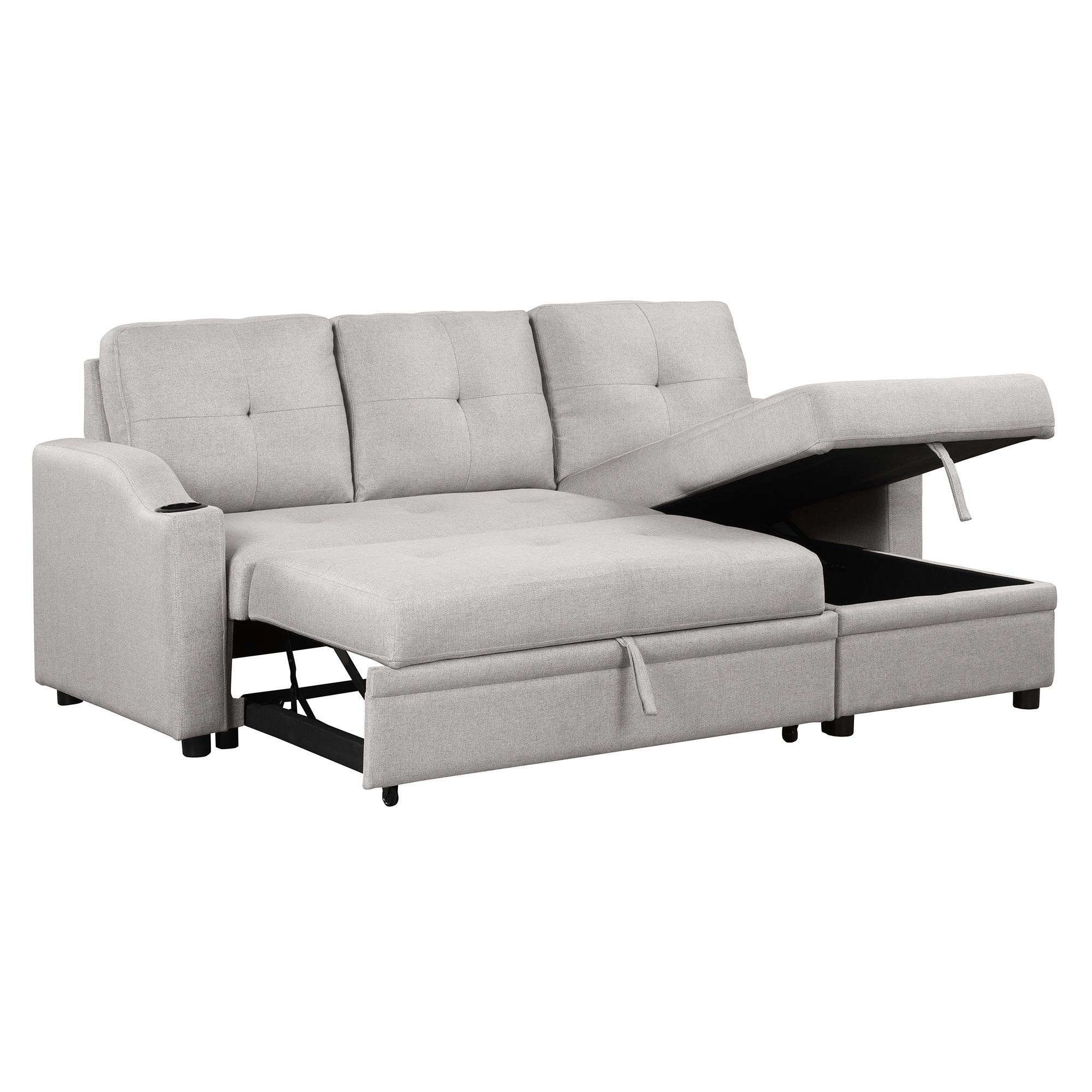 Pull Out Sofa Bed Modern Padded Upholstered Sofa Bed ; Linen Fabric 3 Seater Couch with Storage Chaise and Cup Holder ; Small Couch for Small SpacesÂ