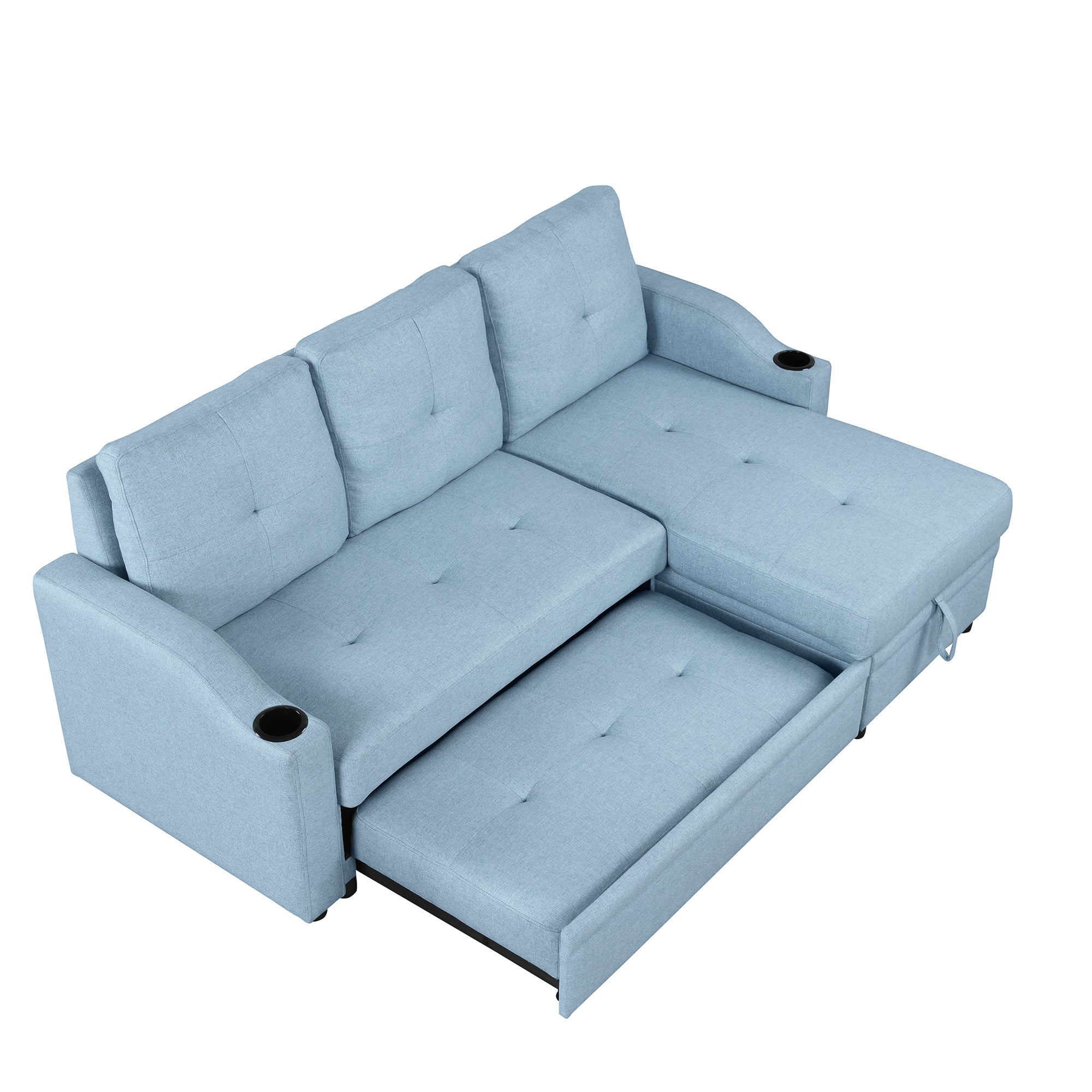 Pull Out Sofa Bed Modern Padded Upholstered Sofa Bed ; Linen Fabric 3 Seater Couch with Storage Chaise and Cup Holder ; Small Couch for Small SpacesÂ
