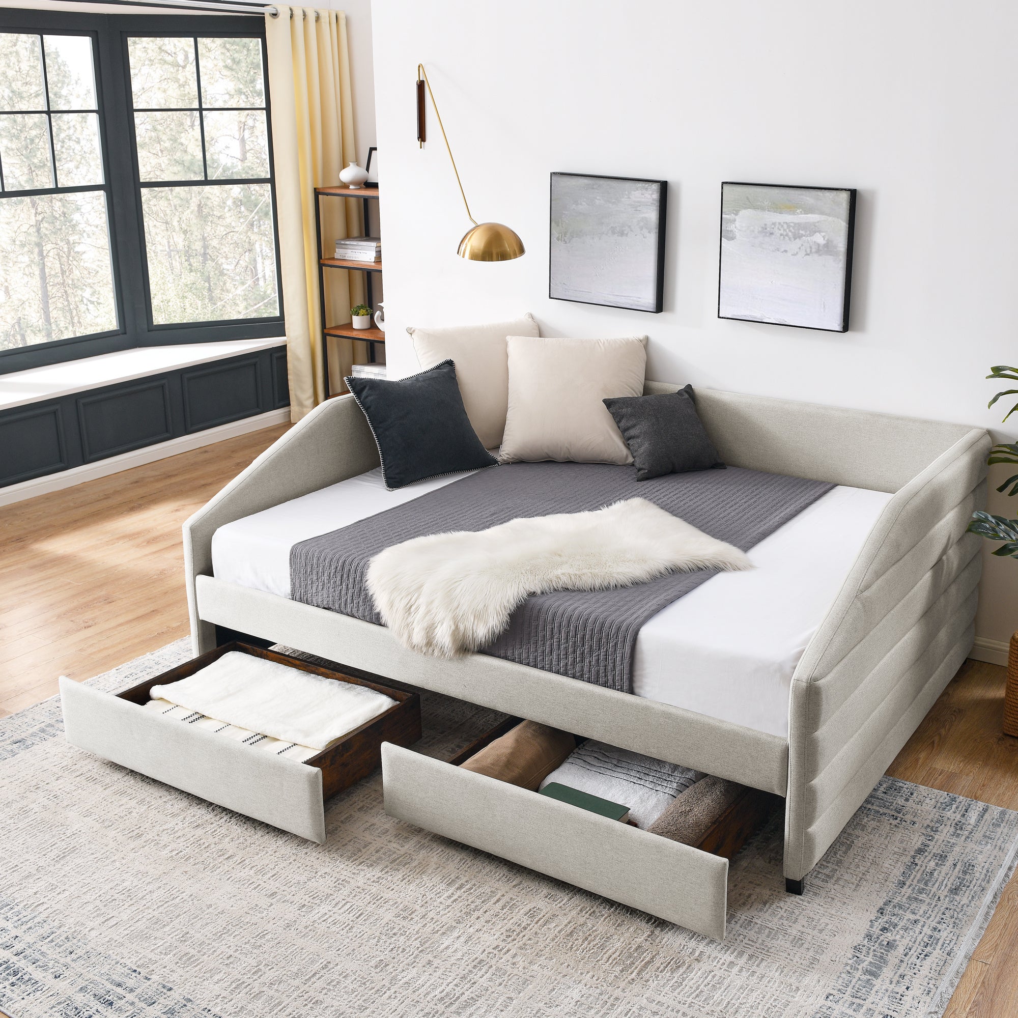 Queen Size Daybed with Drawers, Trundle, and Upholstered Tufted Sofa Bed in Beige LinenÂ