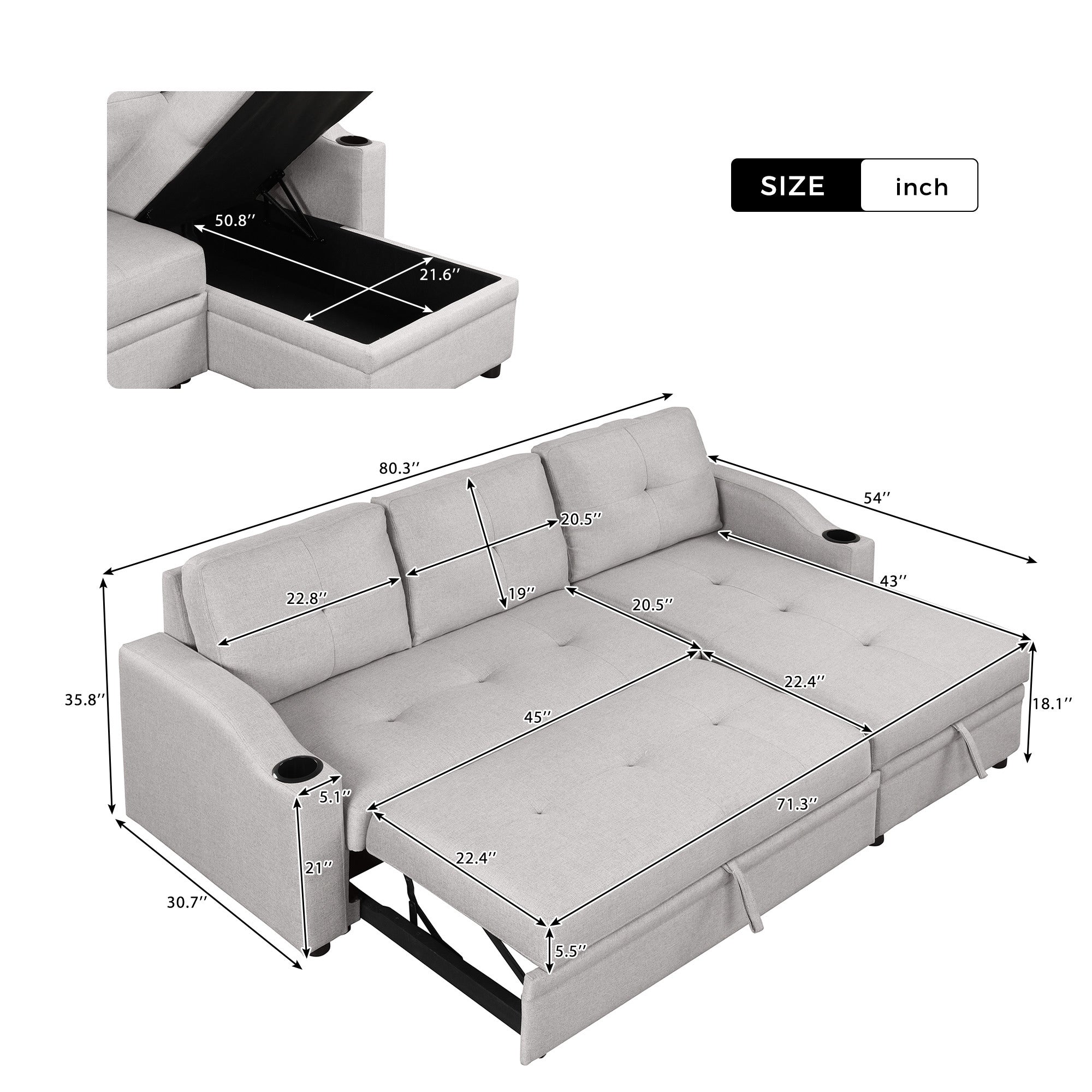 Pull Out Sofa Bed Modern Padded Upholstered Sofa Bed ; Linen Fabric 3 Seater Couch with Storage Chaise and Cup Holder ; Small Couch for Small SpacesÂ
