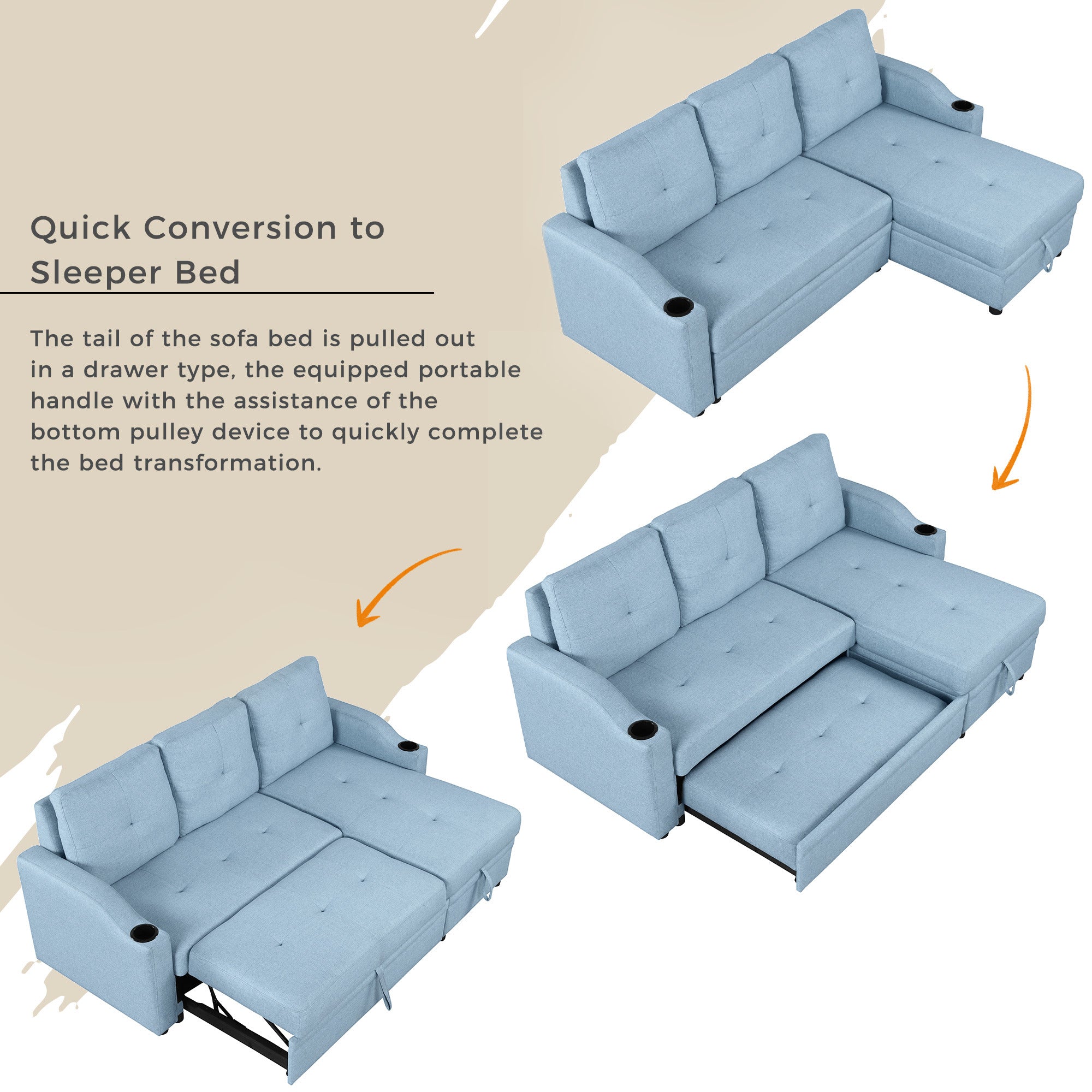 Pull Out Sofa Bed Modern Padded Upholstered Sofa Bed ; Linen Fabric 3 Seater Couch with Storage Chaise and Cup Holder ; Small Couch for Small SpacesÂ