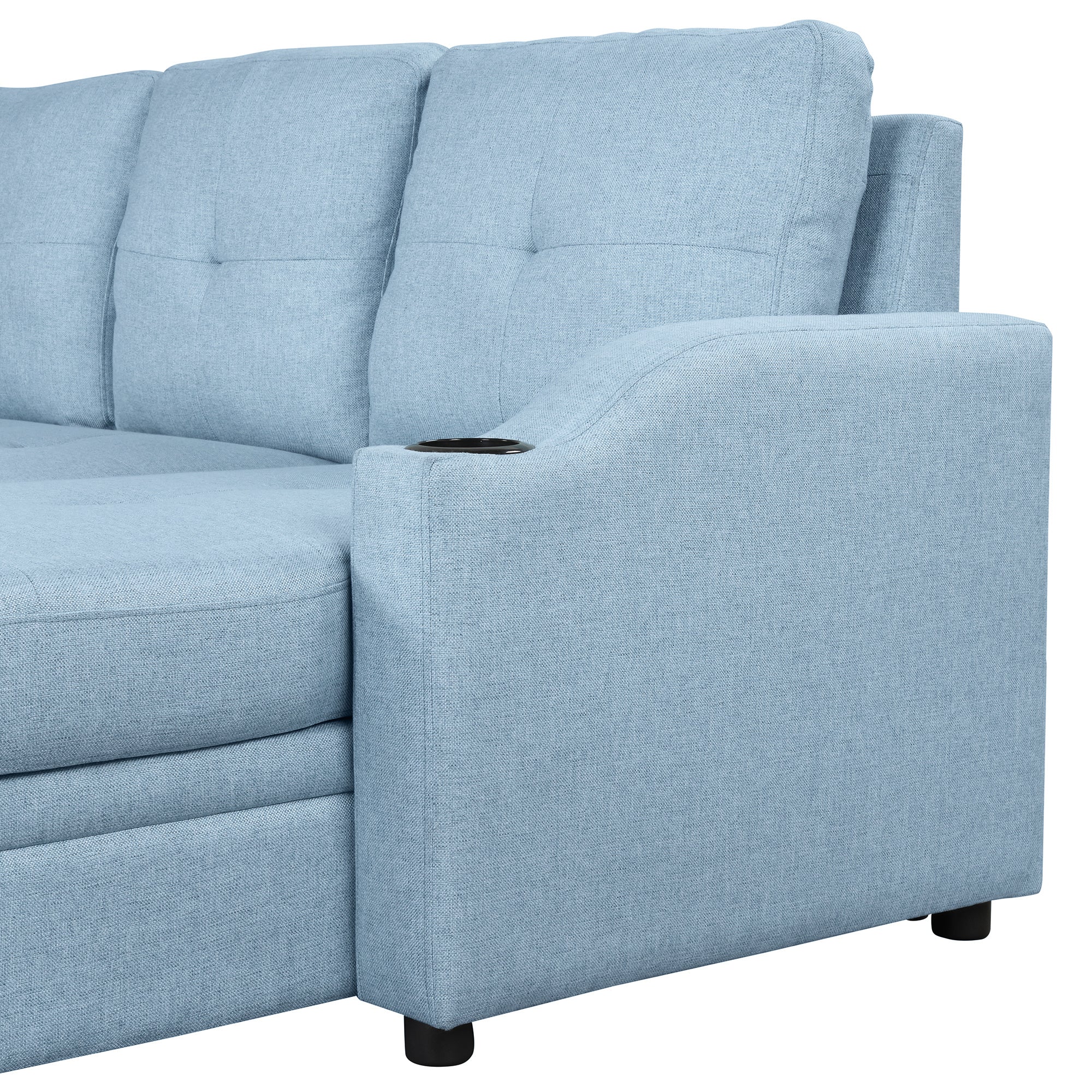 Pull Out Sofa Bed Modern Padded Upholstered Sofa Bed ; Linen Fabric 3 Seater Couch with Storage Chaise and Cup Holder ; Small Couch for Small SpacesÂ