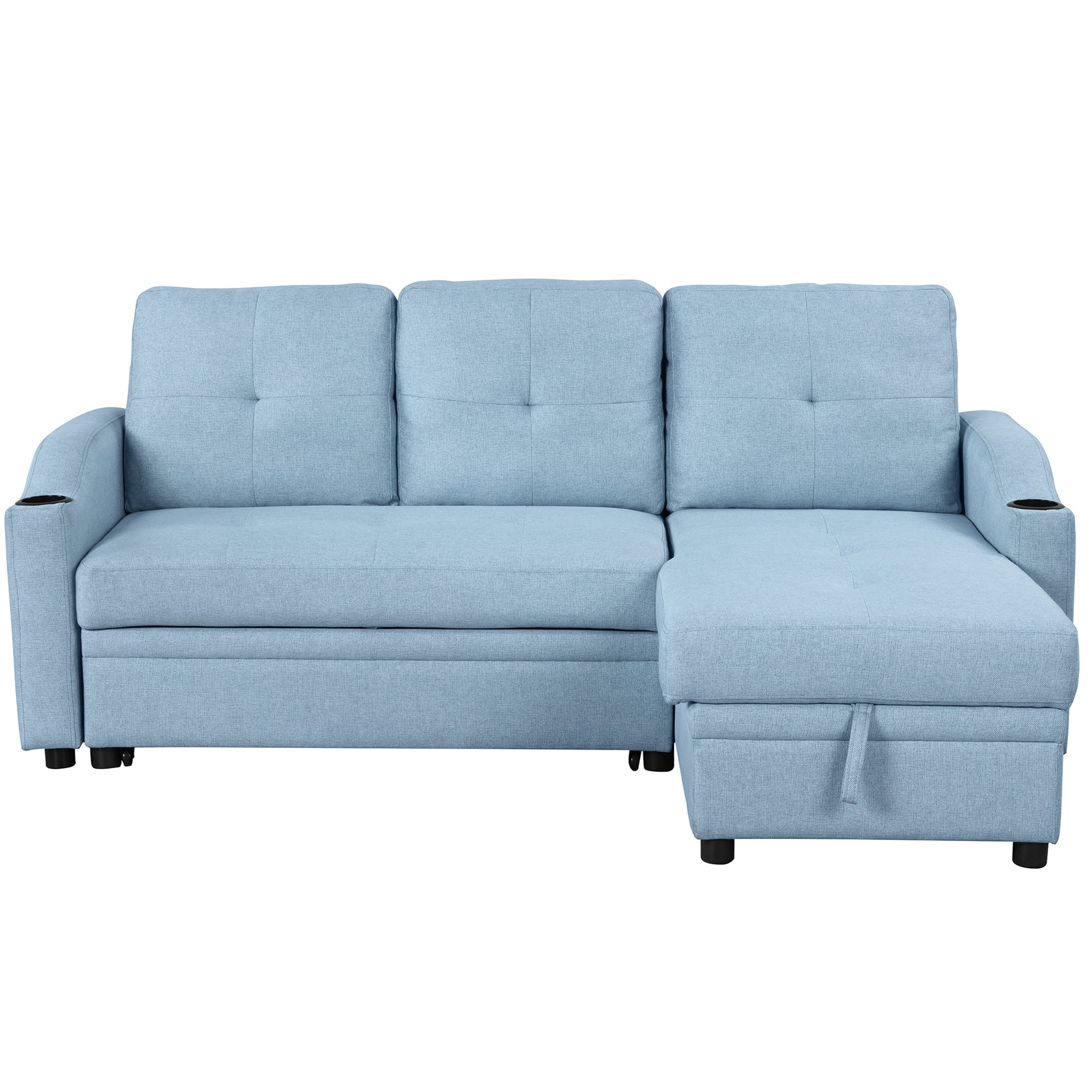 Pull Out Sofa Bed Modern Padded Upholstered Sofa Bed ; Linen Fabric 3 Seater Couch with Storage Chaise and Cup Holder ; Small Couch for Small SpacesÂ