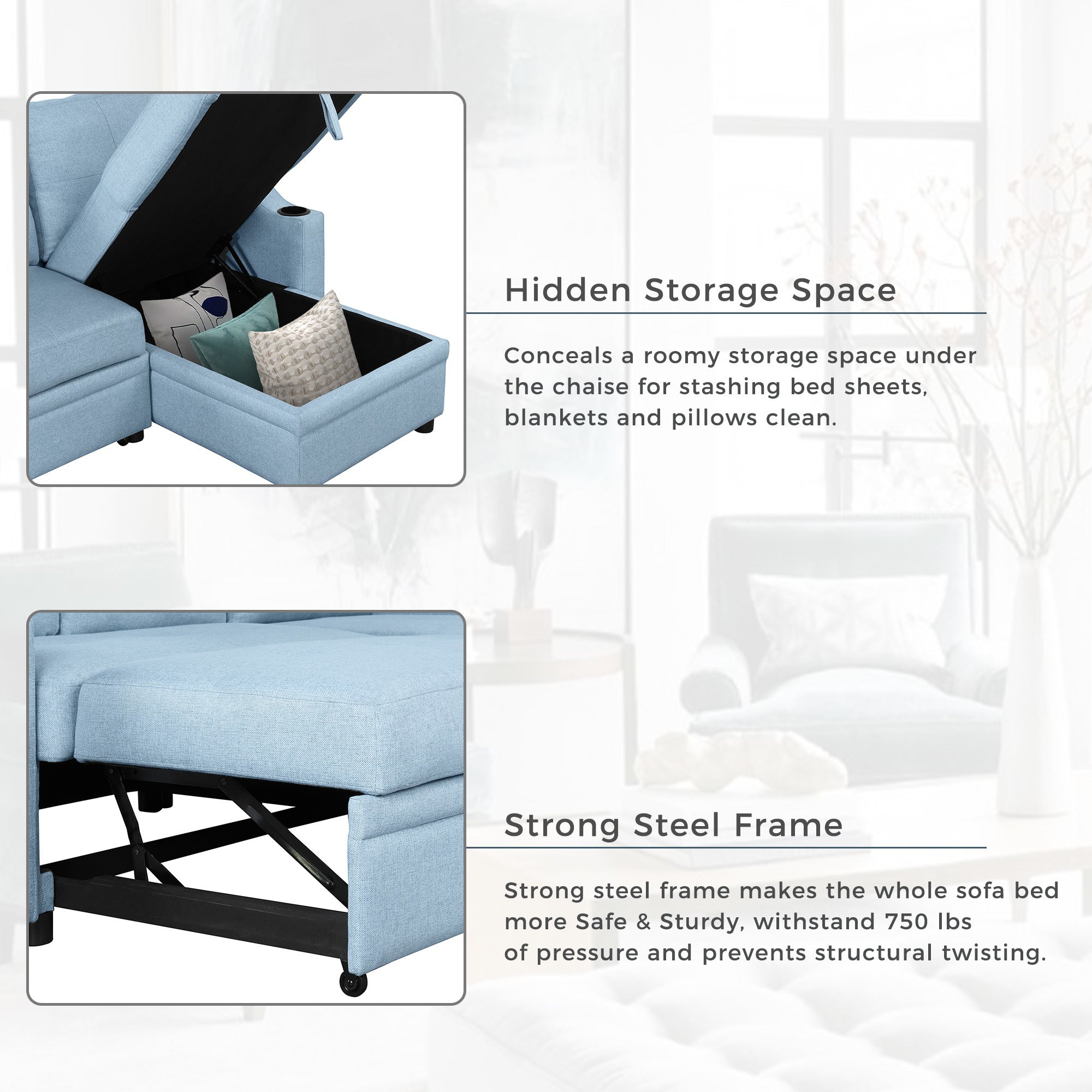 Pull Out Sofa Bed Modern Padded Upholstered Sofa Bed ; Linen Fabric 3 Seater Couch with Storage Chaise and Cup Holder ; Small Couch for Small SpacesÂ