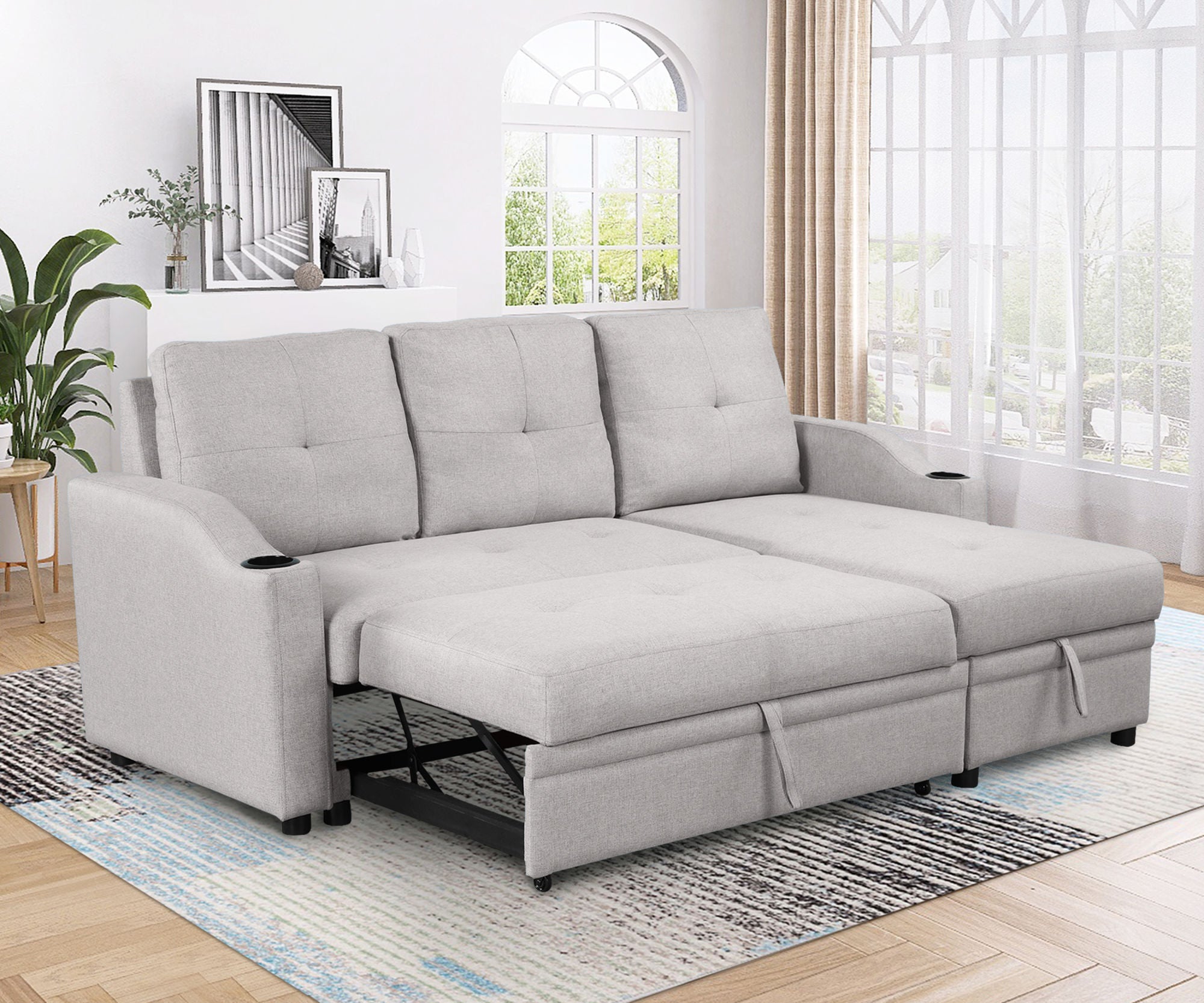 Pull Out Sofa Bed Modern Padded Upholstered Sofa Bed ; Linen Fabric 3 Seater Couch with Storage Chaise and Cup Holder ; Small Couch for Small SpacesÂ