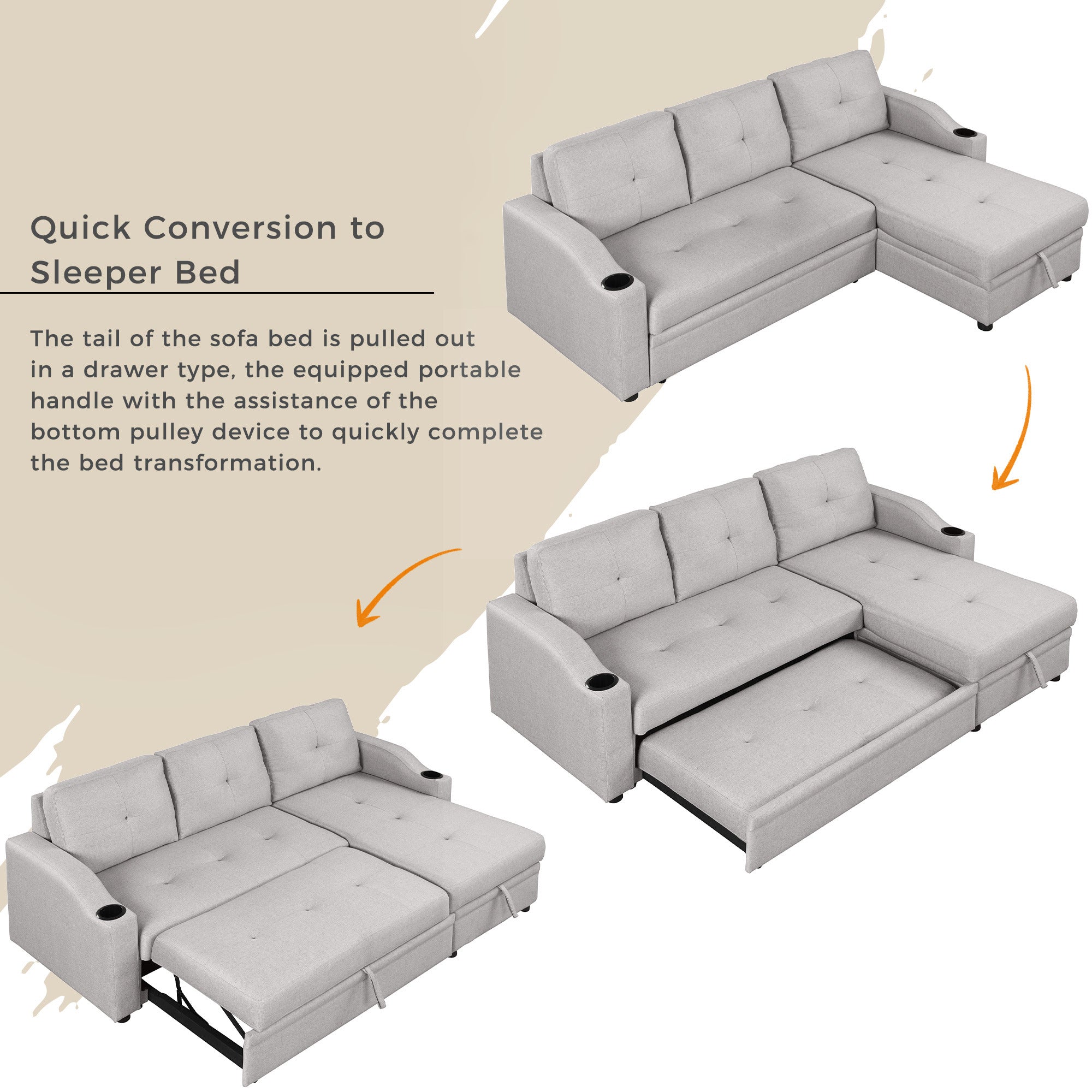 Pull Out Sofa Bed Modern Padded Upholstered Sofa Bed ; Linen Fabric 3 Seater Couch with Storage Chaise and Cup Holder ; Small Couch for Small SpacesÂ