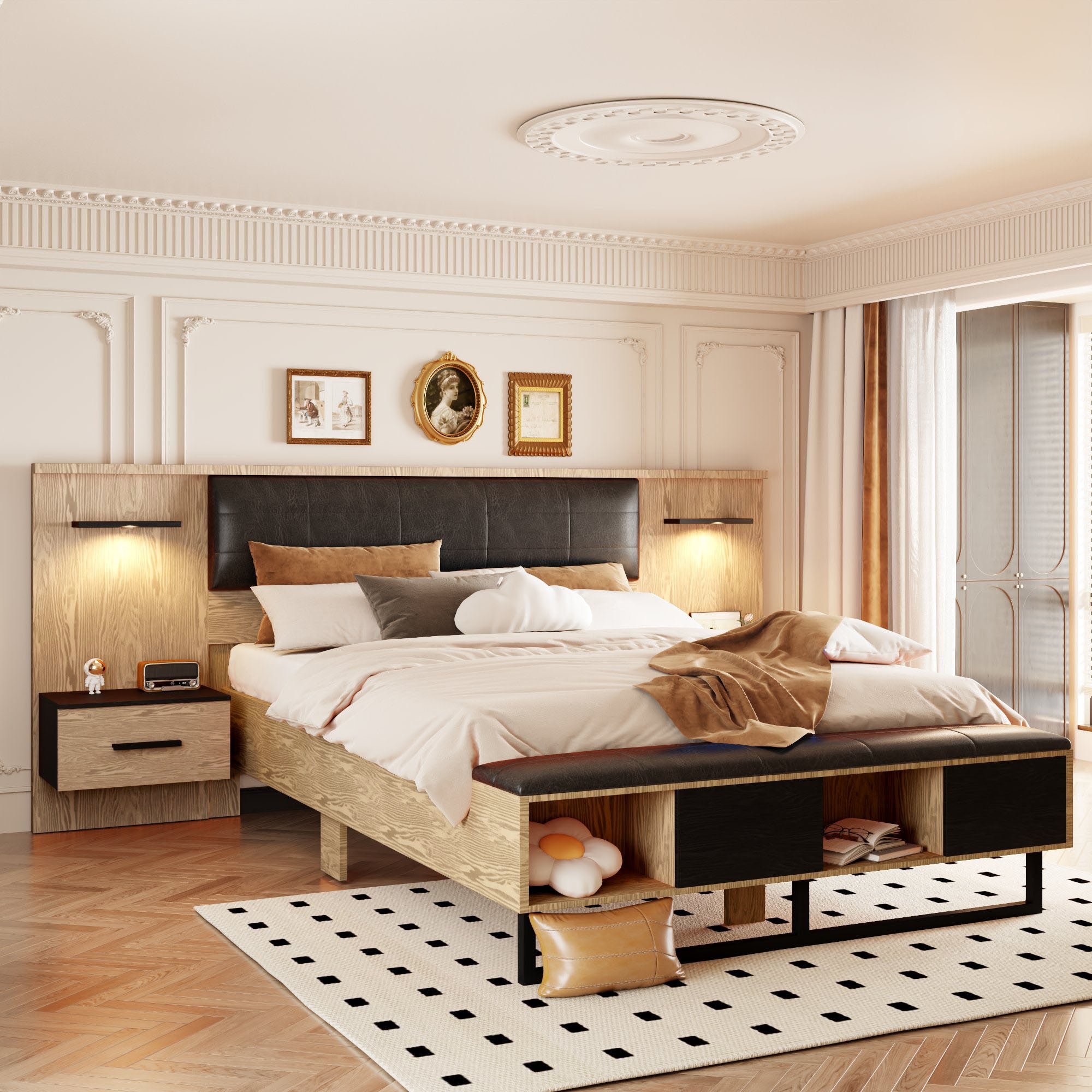 Queen Size Wood Platform Bed with Upholstered Headboard, Lights, Storage Nightstand, and Bench - WhiteÂ