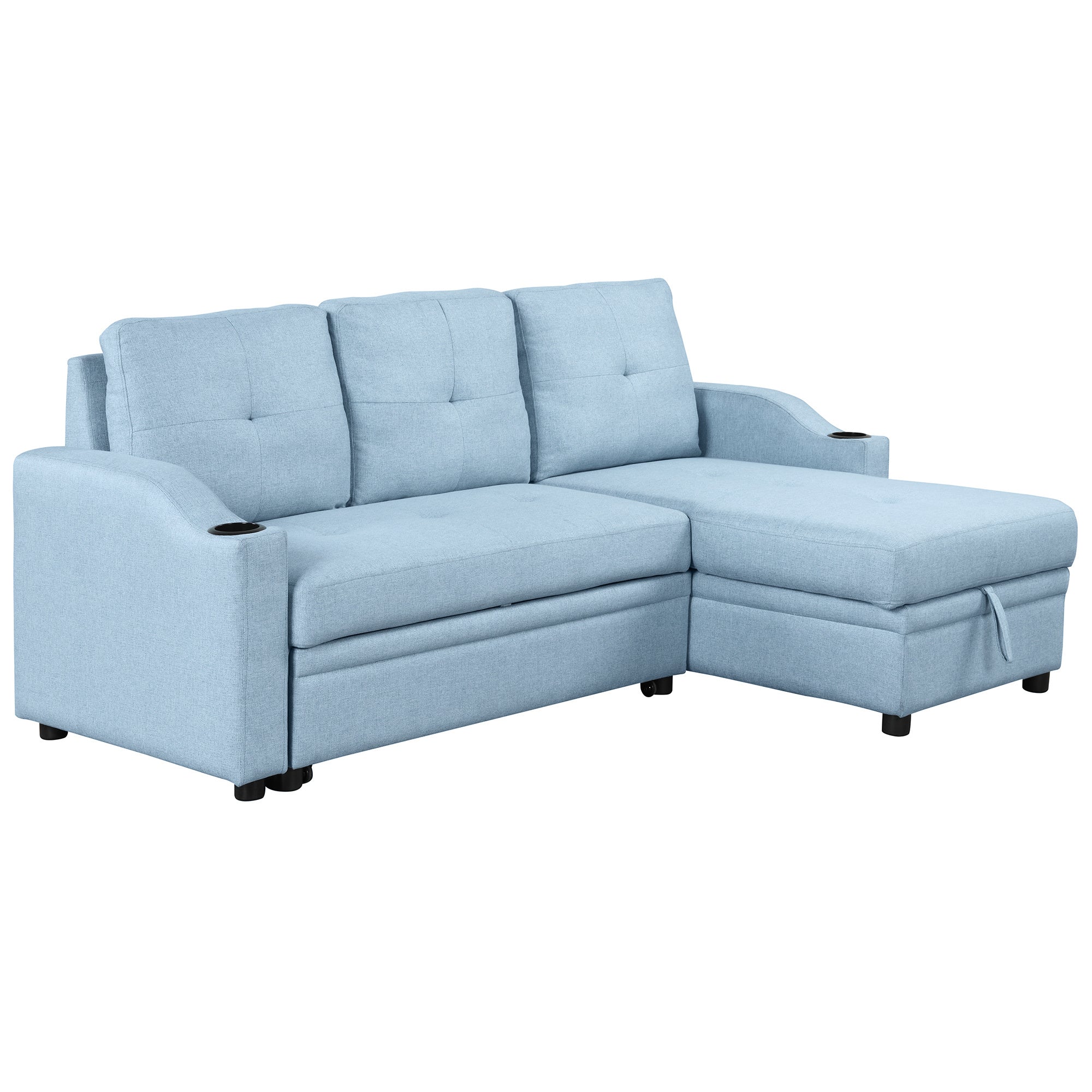 Pull Out Sofa Bed Modern Padded Upholstered Sofa Bed ; Linen Fabric 3 Seater Couch with Storage Chaise and Cup Holder ; Small Couch for Small SpacesÂ