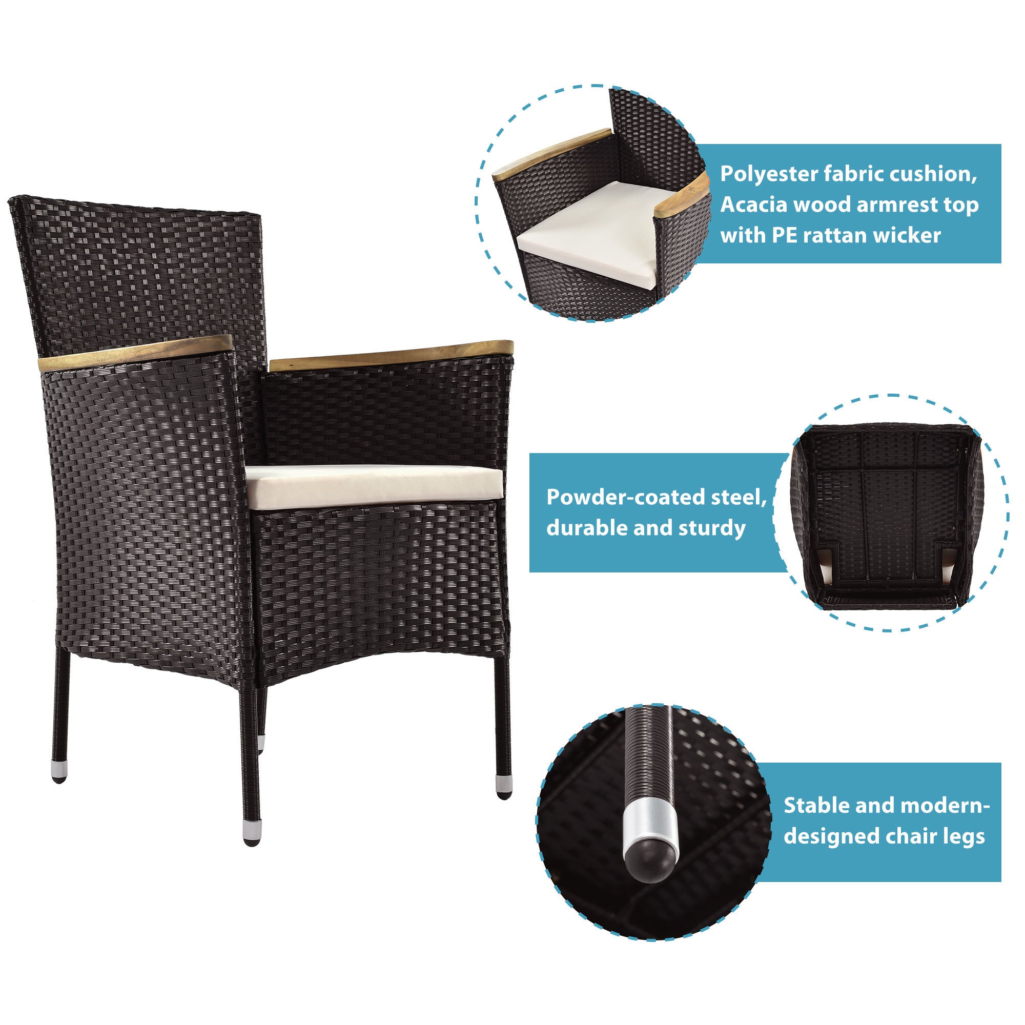 7-Piece Outdoor Patio Dining Set – Garden PE Rattan Wicker, Acacia Wood Tabletop, Stackable Armrest Chairs with Cushions, BrownÂ