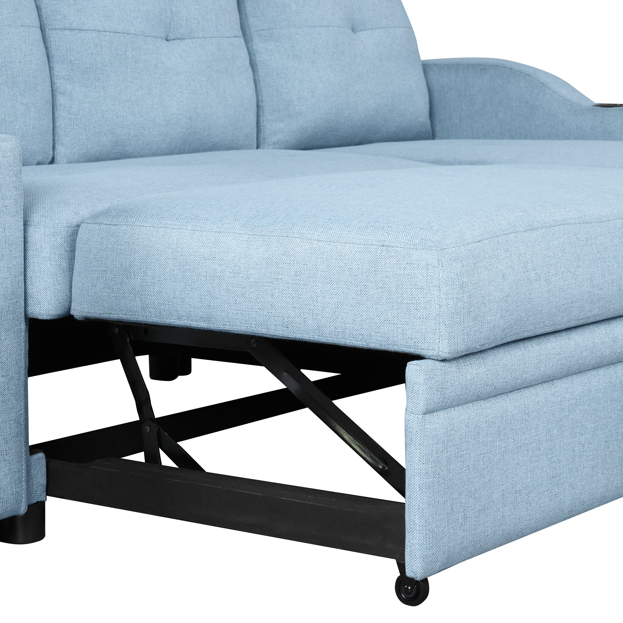 Pull Out Sofa Bed Modern Padded Upholstered Sofa Bed ; Linen Fabric 3 Seater Couch with Storage Chaise and Cup Holder ; Small Couch for Small SpacesÂ