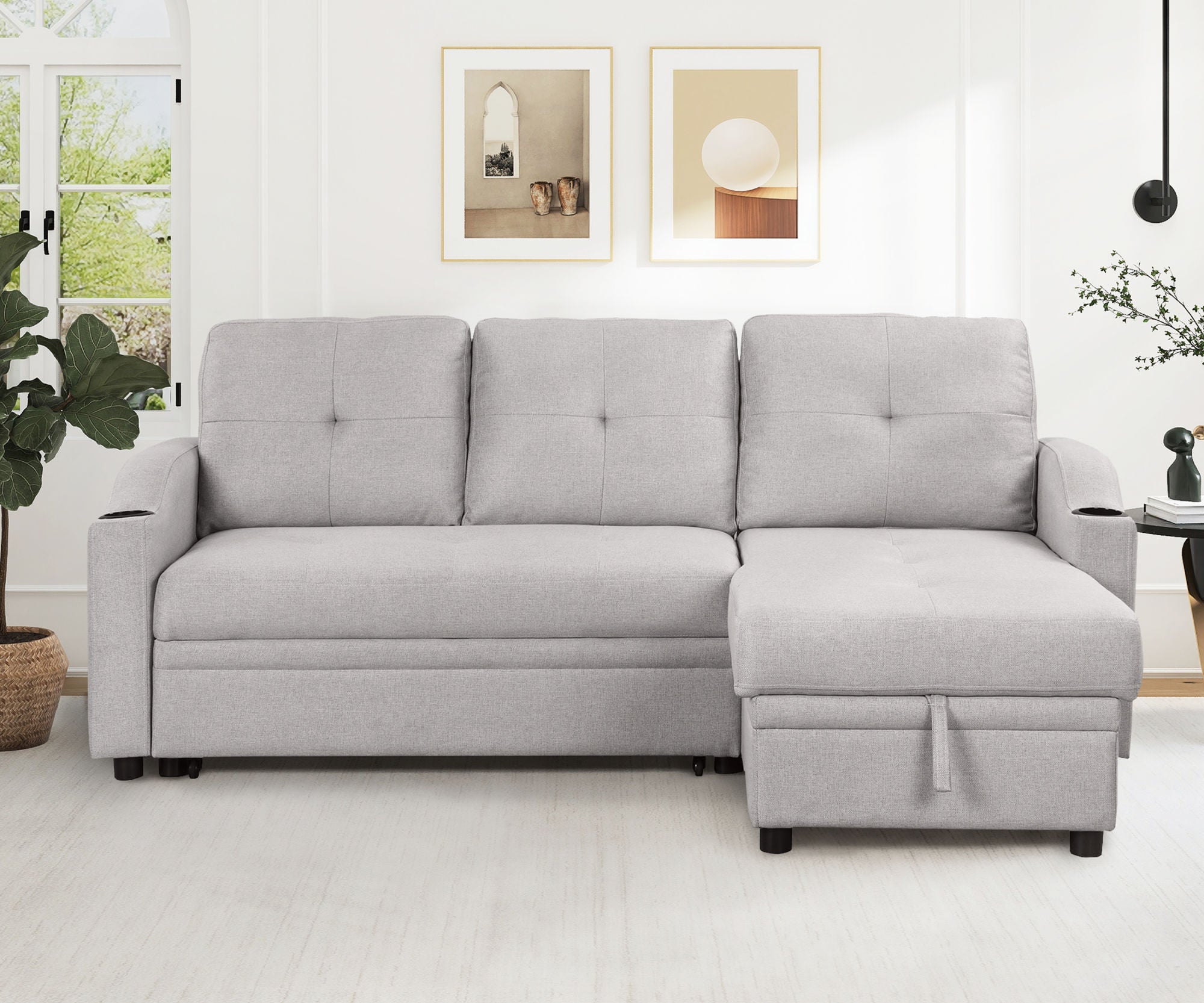 Pull Out Sofa Bed Modern Padded Upholstered Sofa Bed ; Linen Fabric 3 Seater Couch with Storage Chaise and Cup Holder ; Small Couch for Small SpacesÂ