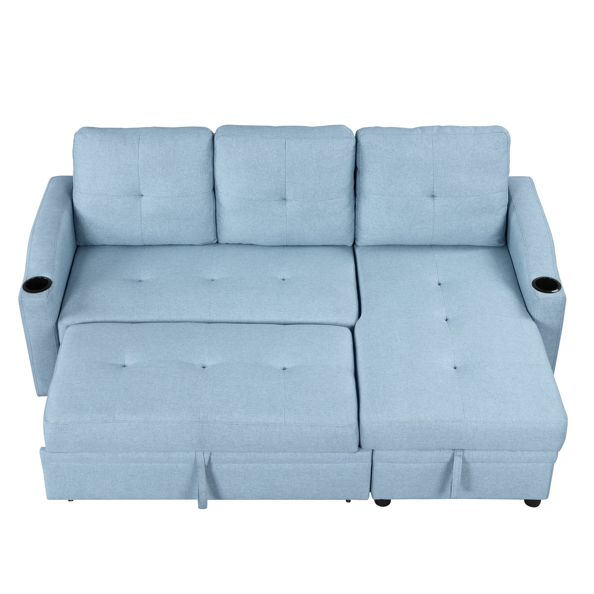 Pull Out Sofa Bed Modern Padded Upholstered Sofa Bed ; Linen Fabric 3 Seater Couch with Storage Chaise and Cup Holder ; Small Couch for Small SpacesÂ